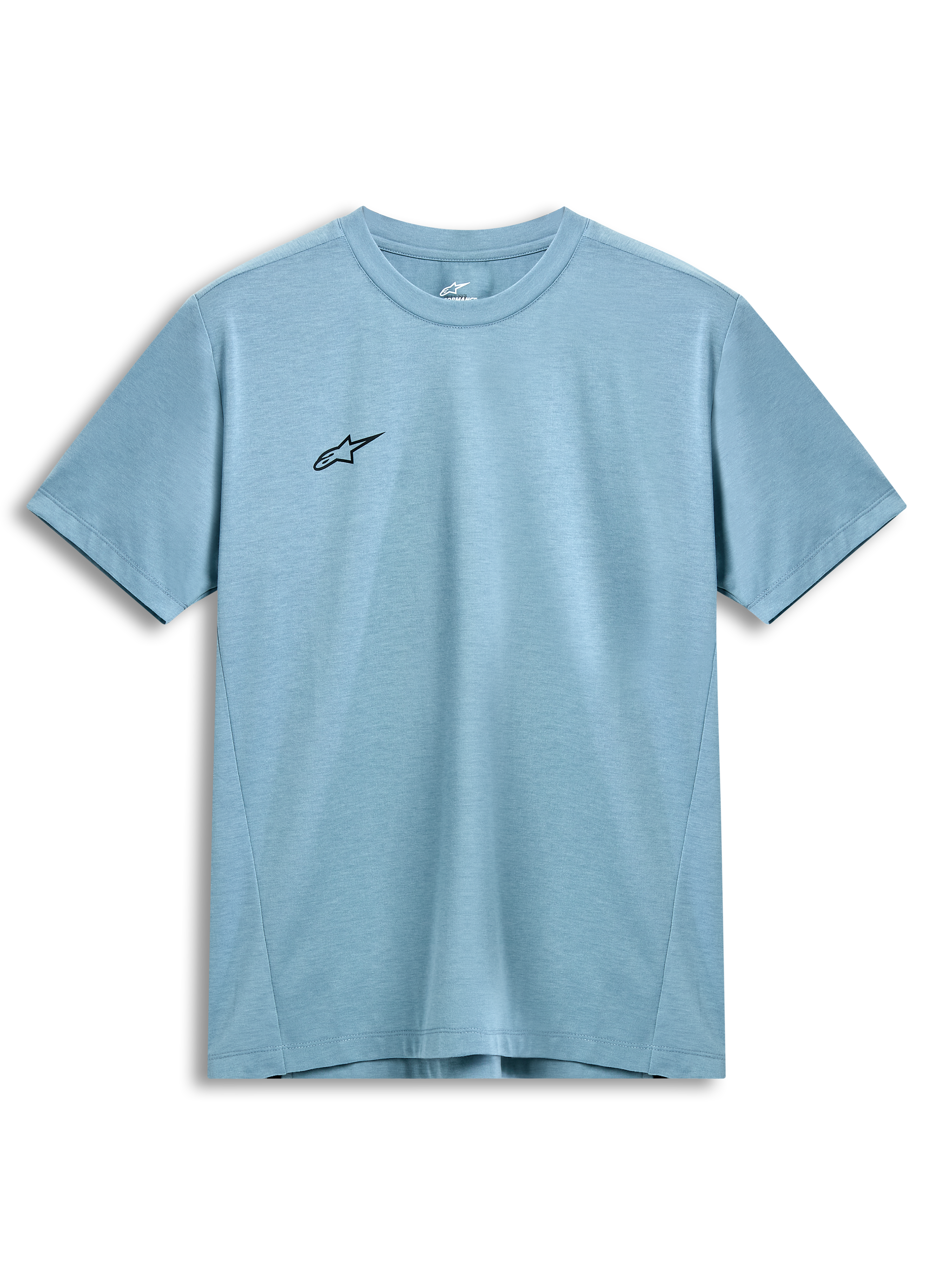 Alpinestars Point Performance Tee, kortärmad t-shirt, isblå, liten svart stjärnlogotyp på bröstet, rundhalsad, hållbart fukttransporterande funktionsmaterial, casual motorsport-streetwear
