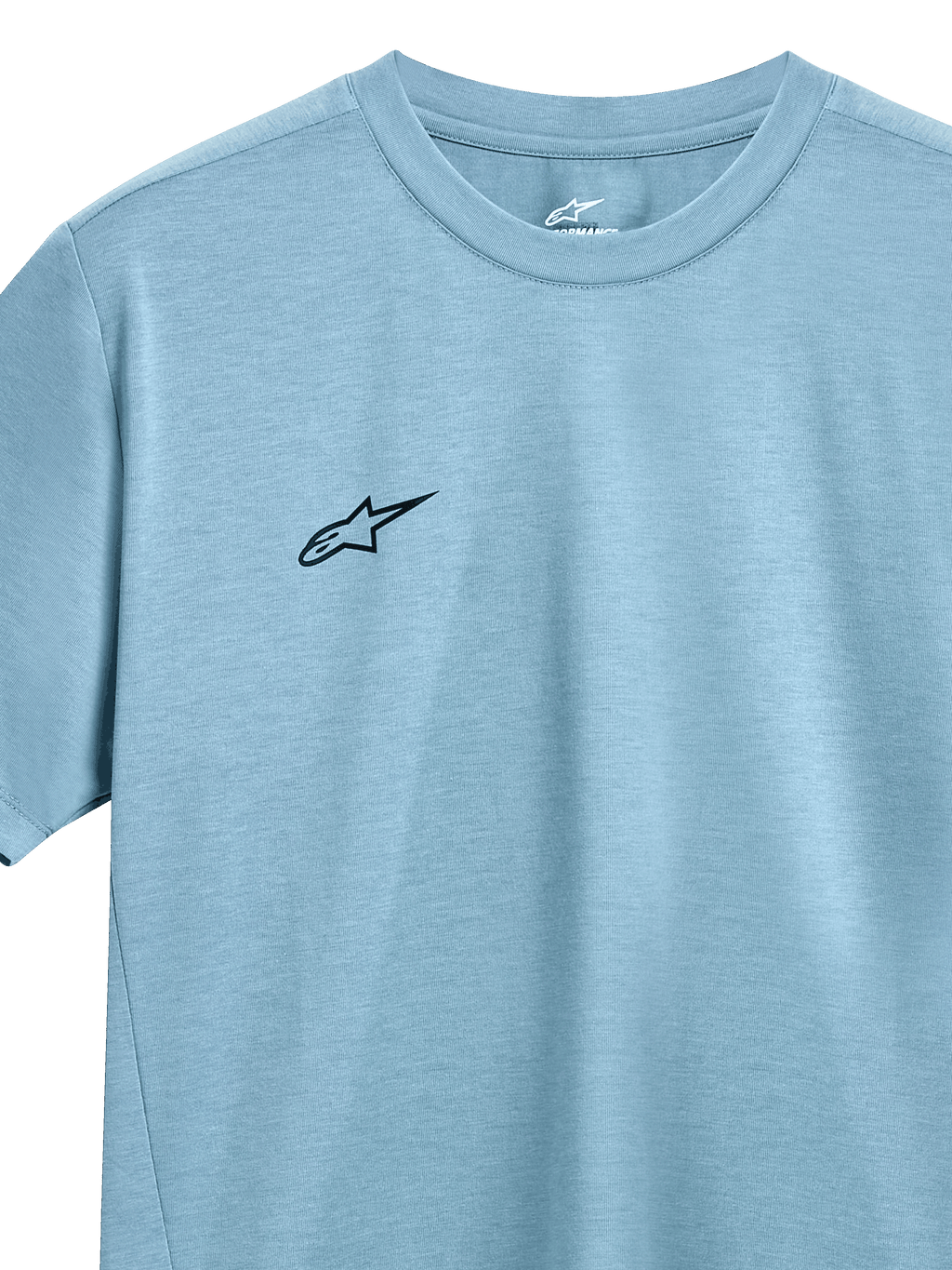 Alpinestars Point Performance Tee, kortärmad t-shirt, isblå, liten svart Alpinestars-logotyp på bröstet, rundhalsad, fukttransporterande funktionsmaterial