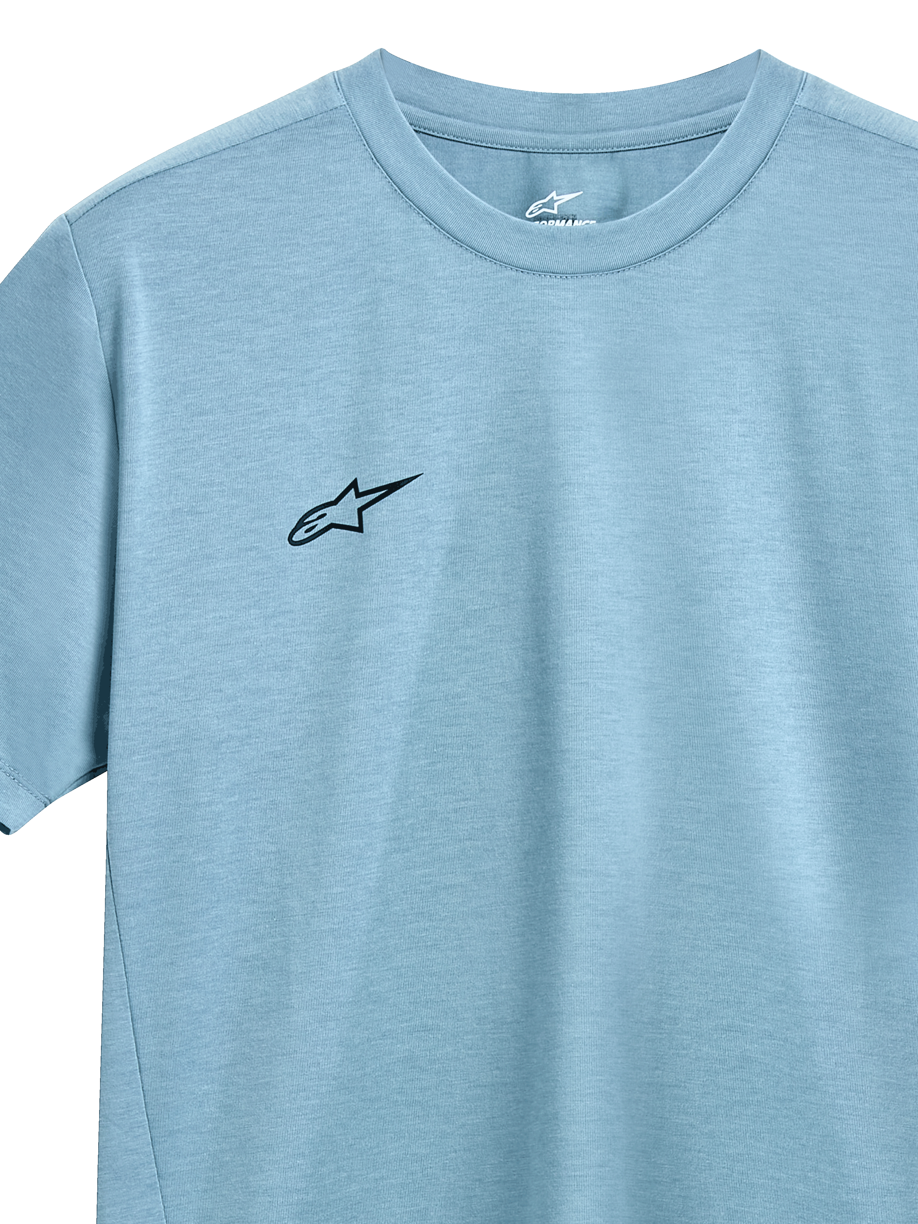 Alpinestars Point Performance Tee, kortärmad t-shirt, isblå, liten svart Alpinestars-logotyp på bröstet, rundhalsad, fukttransporterande funktionsmaterial