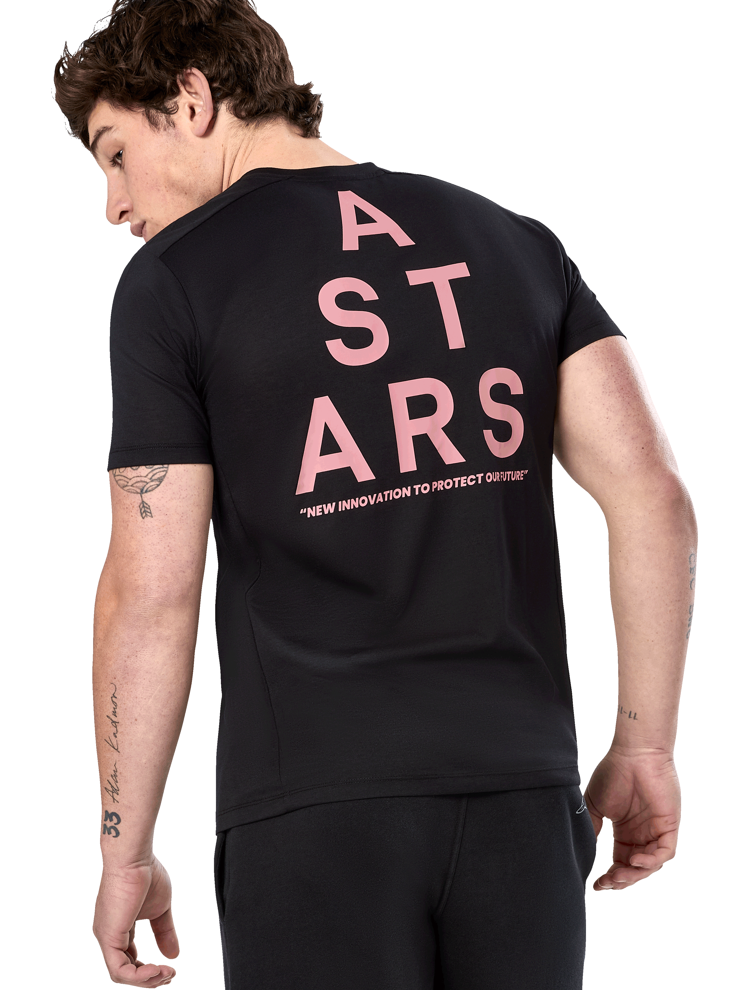 Alpinestars Attrition Performance Tee, Short Sleeve T-Shirt, Black, rear view featuring large pink vertical ASTARS graphic with slogan "NEW INNOVATION TO PROTECT OUR FUTURE", casual performance sportswear