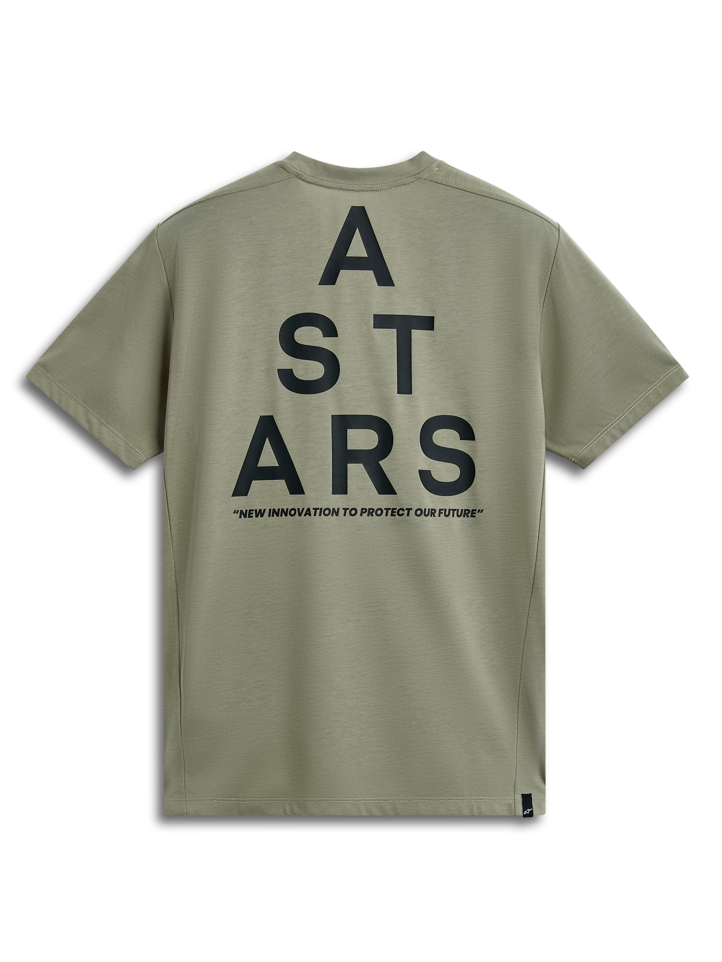 Alpinestars Attrition Performance Tee, Short Sleeve T-Shirt, Light Green, back view with large black ASTARS stacked graphic and 'NEW INNOVATION TO PROTECT OUR FUTURE' tagline, casual performance sportswear
