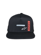Alpinestars Alter Trucker keps, keps med platt skärm, svart med nätbaksida (mesh), reflekterande horisontell list och vit stjärnlogotyp framtill, vertikal röd etikett med texten 'Astars', casual motorsport-stil
