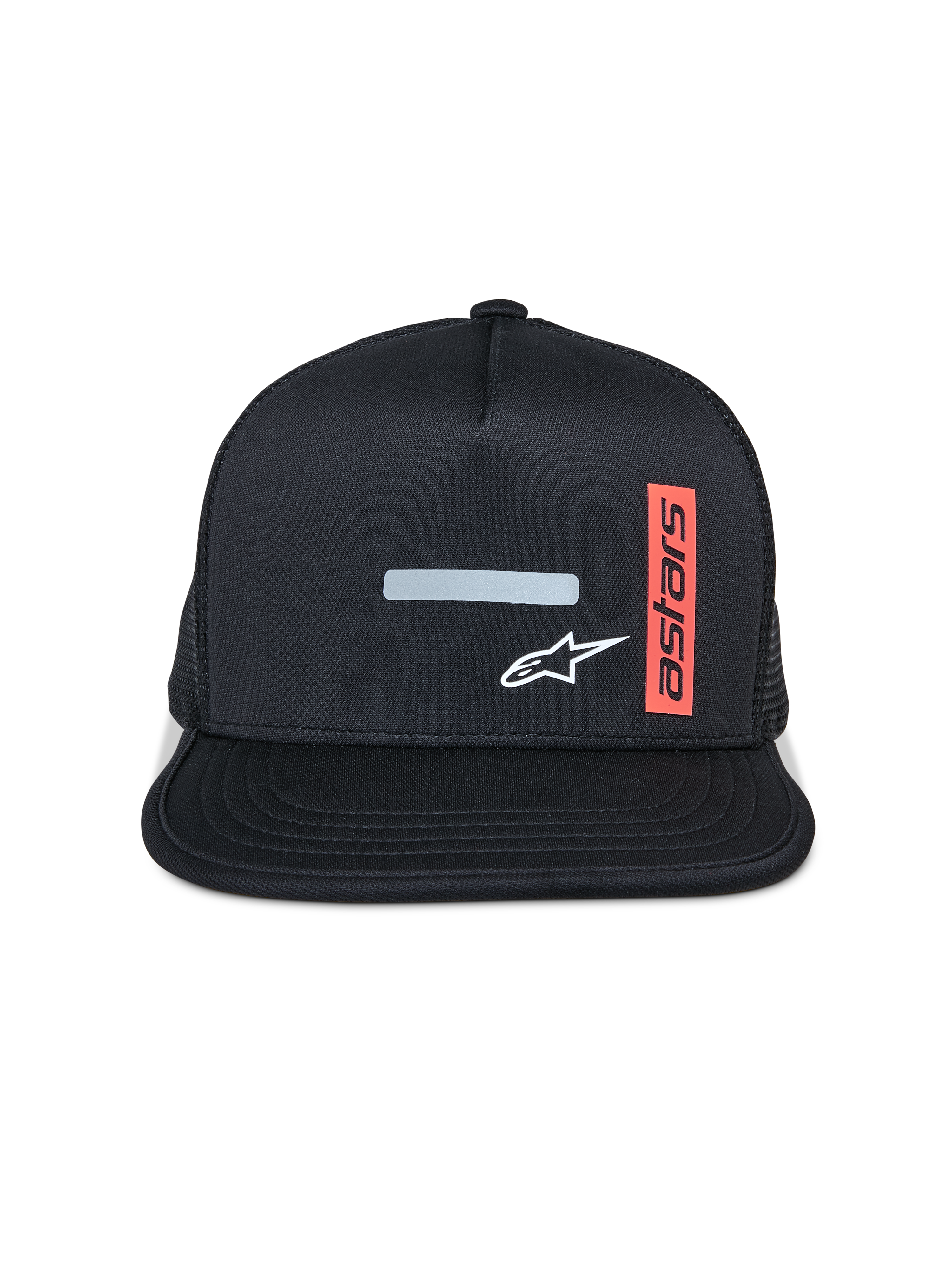 Alpinestars Alter Trucker keps, keps med platt skärm, svart med nätbaksida (mesh), reflekterande horisontell list och vit stjärnlogotyp framtill, vertikal röd etikett med texten 'Astars', casual motorsport-stil