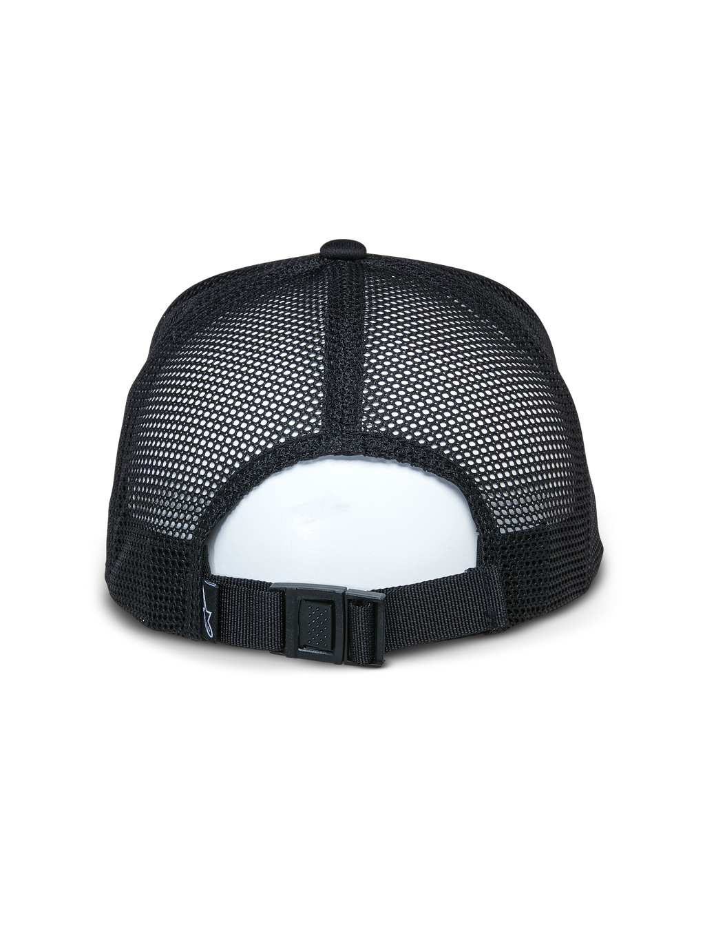 Alpinestars Alter Trucker Hat, svart, baksida som visar ventilerande paneler i återvunnen mesh och justerbart spänne, avslappnad sportaccessoar