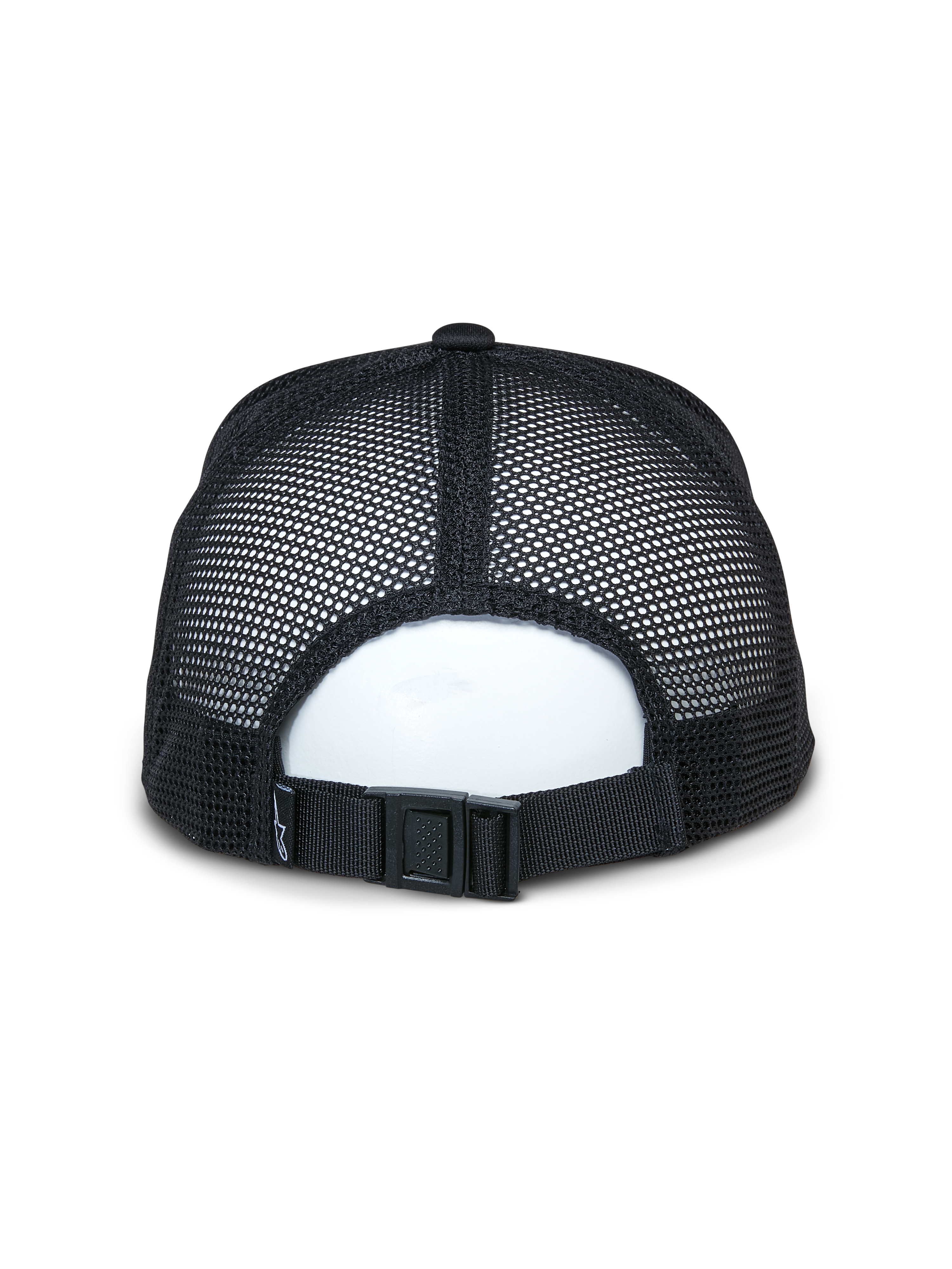 Alpinestars Alter Trucker Hat, svart, baksida som visar ventilerande paneler i återvunnen mesh och justerbart spänne, avslappnad sportaccessoar