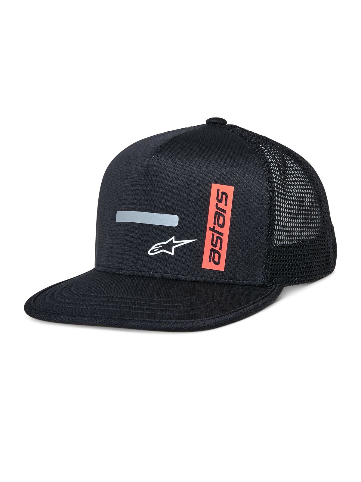 Alpinestars Alter Trucker Hat, svart truckerkeps med strukturerad krona och platt skärm, ventilerande meshbaksida, med en horisontell grå reflekterande rand, vit A-stjärnlogotyp och en vertikal orange astars-grafik, casual motorsport-inspirerad streetwear