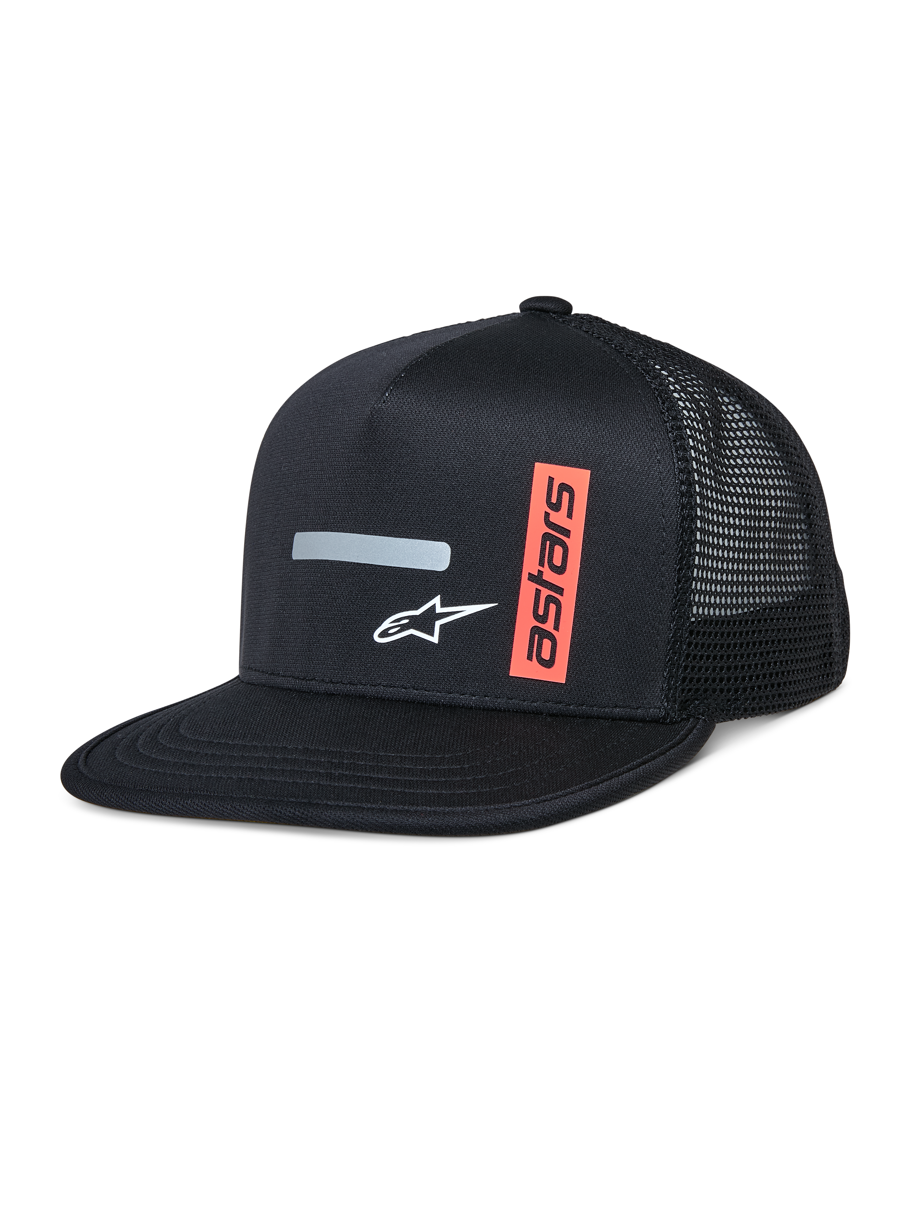 Alpinestars Alter Trucker Hat, svart truckerkeps med strukturerad krona och platt skärm, ventilerande meshbaksida, med en horisontell grå reflekterande rand, vit A-stjärnlogotyp och en vertikal orange astars-grafik, casual motorsport-inspirerad streetwear