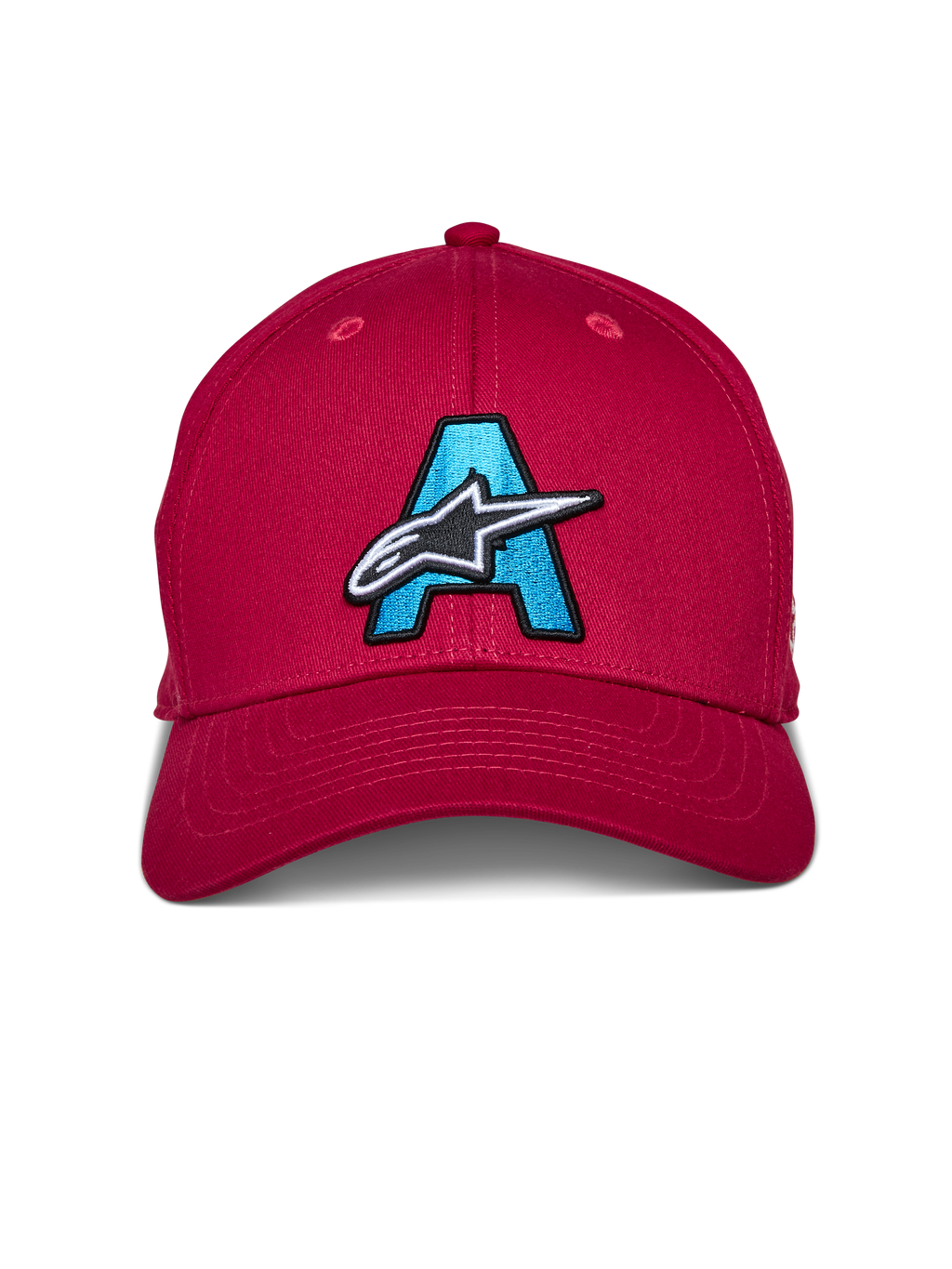 Alpinestars Elemental Hat, Red, Structured curved bill cap featuring a large light blue embroidered 'A' with a white and black Alpinestars star logo on the front, casual motorsport headwear