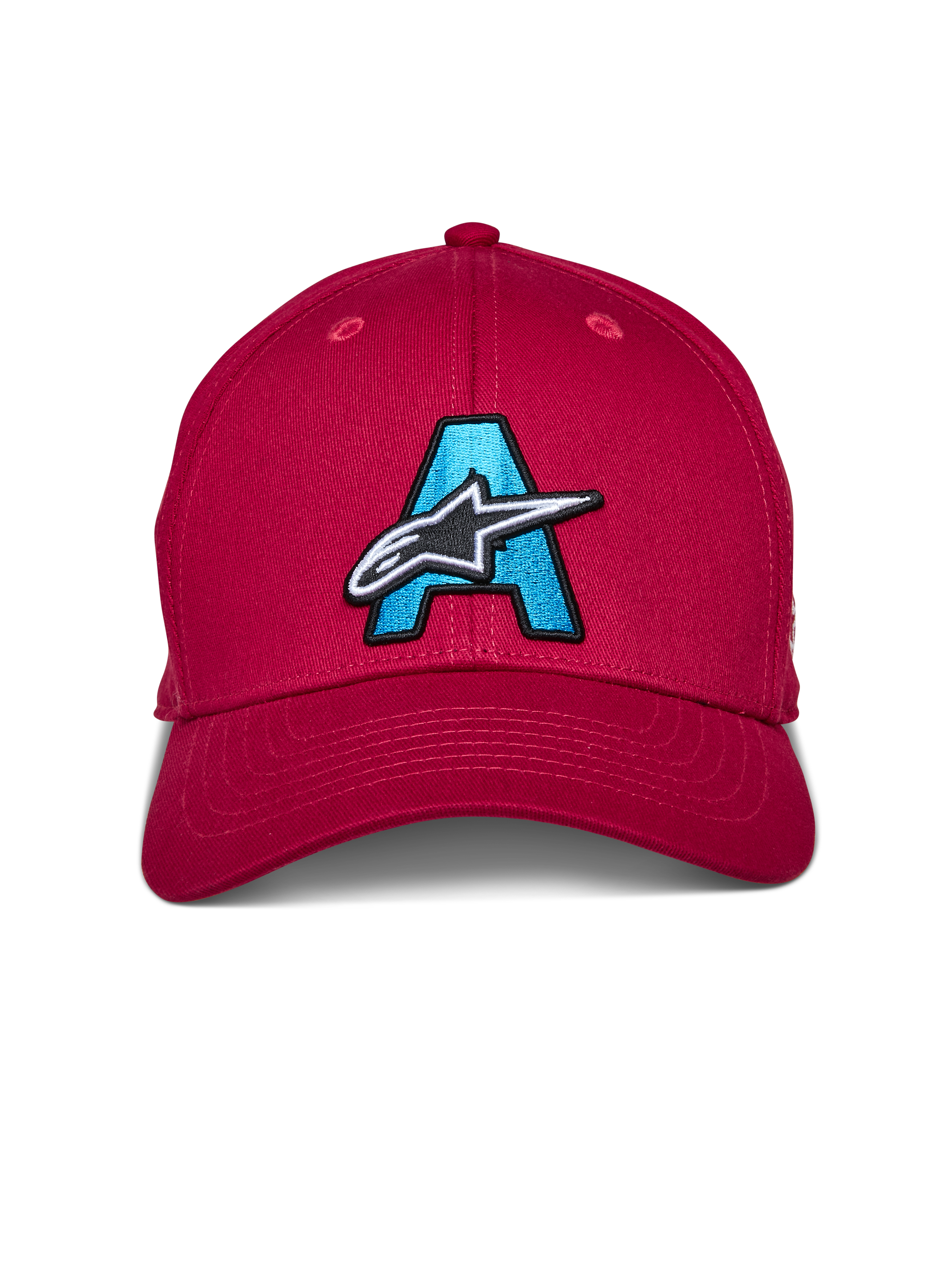Alpinestars Elemental Hat, Red, Structured curved bill cap featuring a large light blue embroidered 'A' with a white and black Alpinestars star logo on the front, casual motorsport headwear
