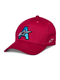 Alpinestars Elemental Hat, Red Baseball Cap, Cyan Blue and Black 3D Embroidered A Logo, White Star design, Curved Bill, Structured Crown, Casual Motorsport Headwear