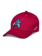 Alpinestars Elemental Hat, Red Baseball Cap, Cyan Blue and Black 3D Embroidered A Logo, White Star design, Curved Bill, Structured Crown, Casual Motorsport Headwear