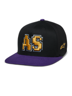 Alpinestars Franchise Hat, Flat Bill Cap, Black and Purple, Gold 3D Embroidered AS Logo with White Outline, Purple Brim and Top Button, Structured Flex Fit Design
