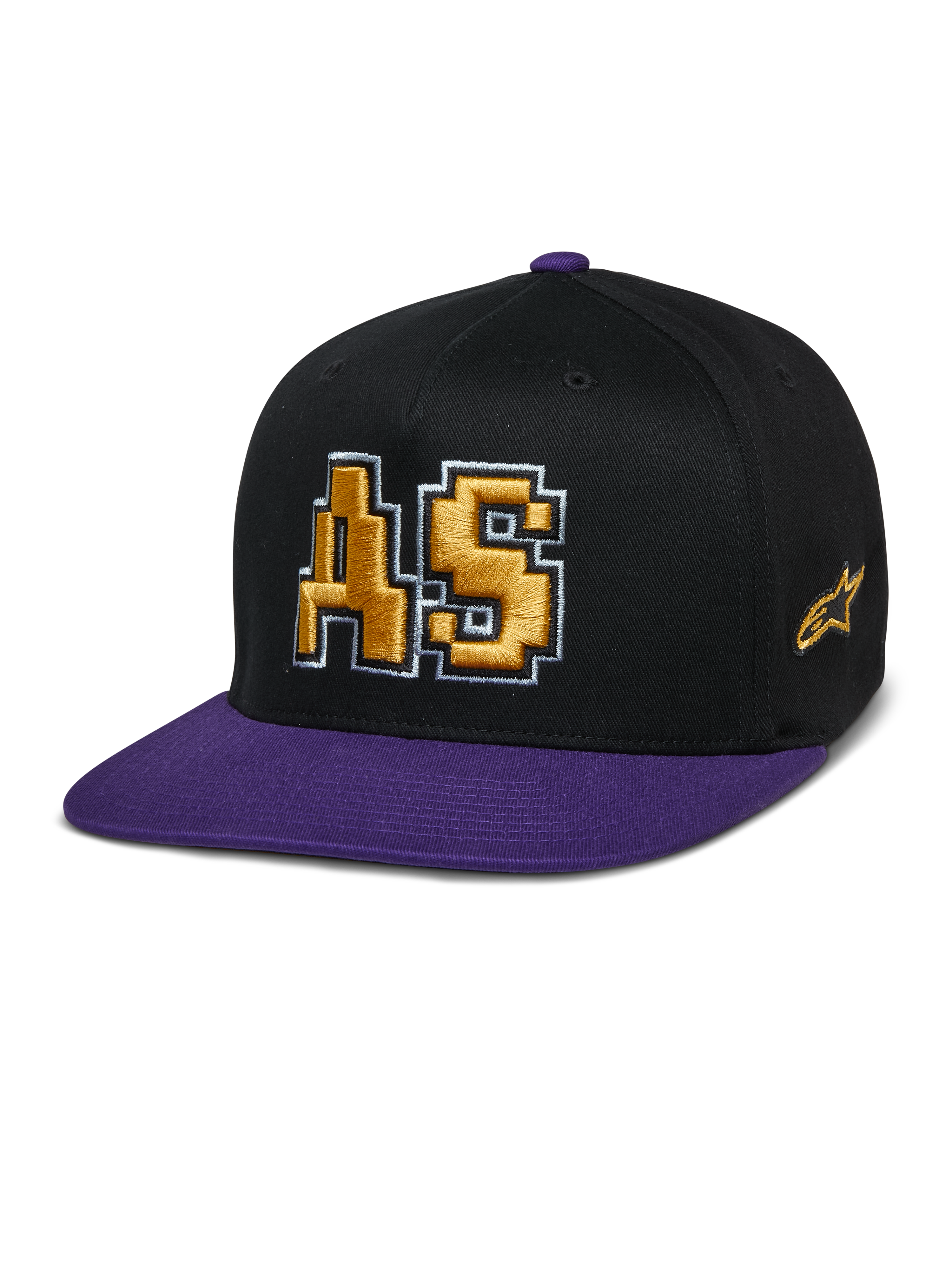 Alpinestars Franchise Hat, Flat Bill Cap, Black and Purple, Gold 3D Embroidered AS Logo with White Outline, Purple Brim and Top Button, Structured Flex Fit Design
