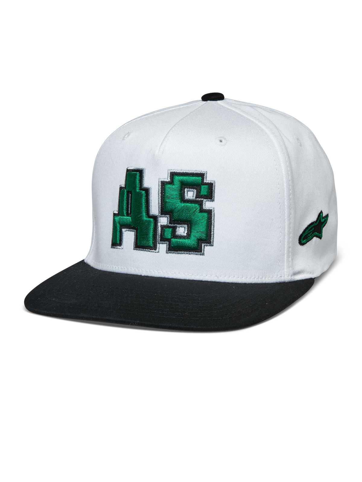 Alpinestars Franchise Hat, vit krona med svart platt skärm, grön 3D-broderad AS-logotyp, flex back basebollkeps, motorsport lifestyle-huvudbonad