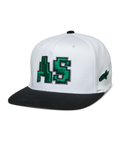 Alpinestars Franchise Hat, vit krona med svart platt skärm, grön 3D-broderad AS-logotyp, flex back basebollkeps, motorsport lifestyle-huvudbonad
