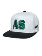 Alpinestars Franchise Hat, vit krona med svart platt skärm, grön 3D-broderad AS-logotyp, flex back basebollkeps, motorsport lifestyle-huvudbonad