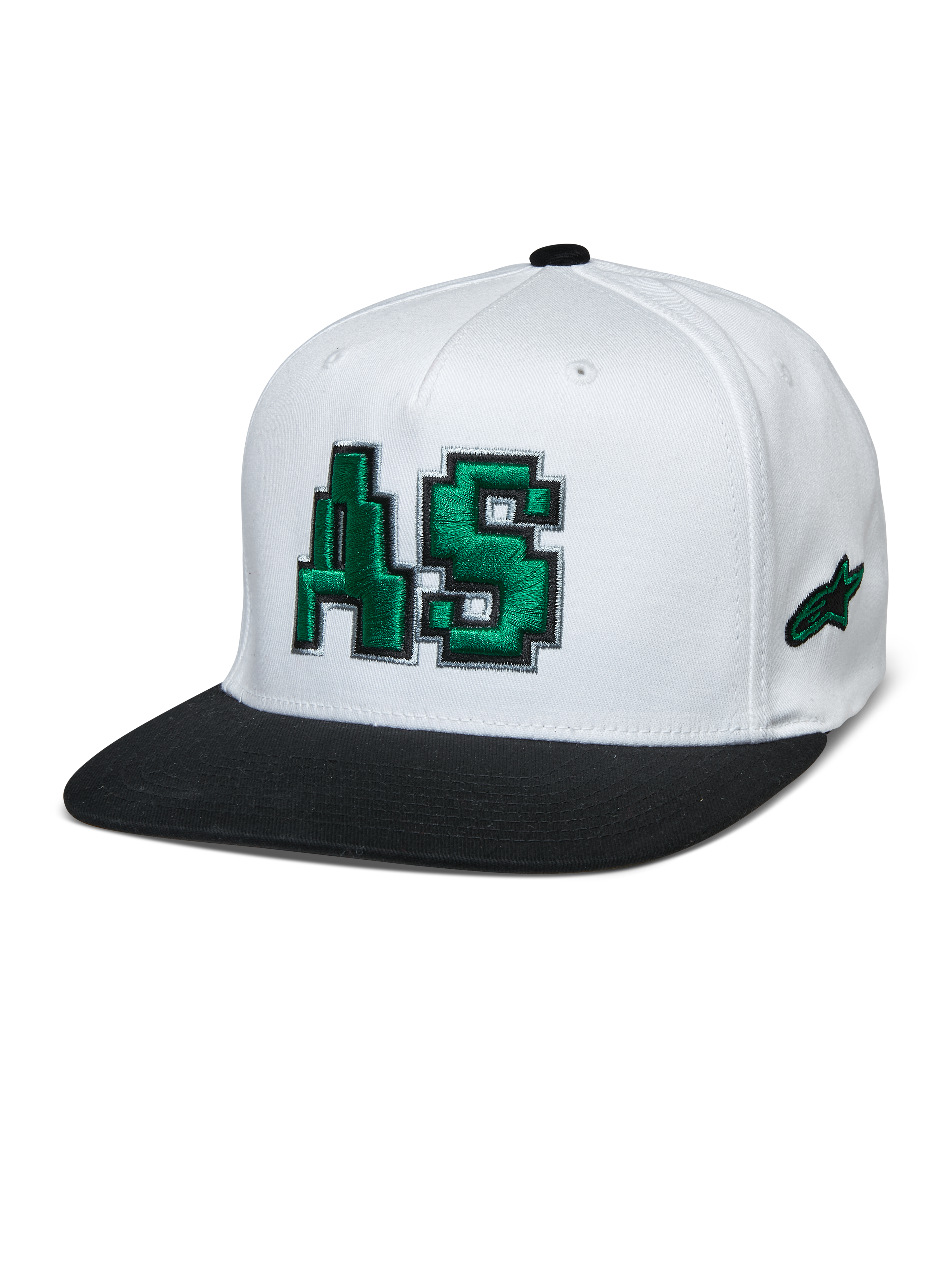 Alpinestars Franchise Hat, vit krona med svart platt skärm, grön 3D-broderad AS-logotyp, flex back basebollkeps, motorsport lifestyle-huvudbonad