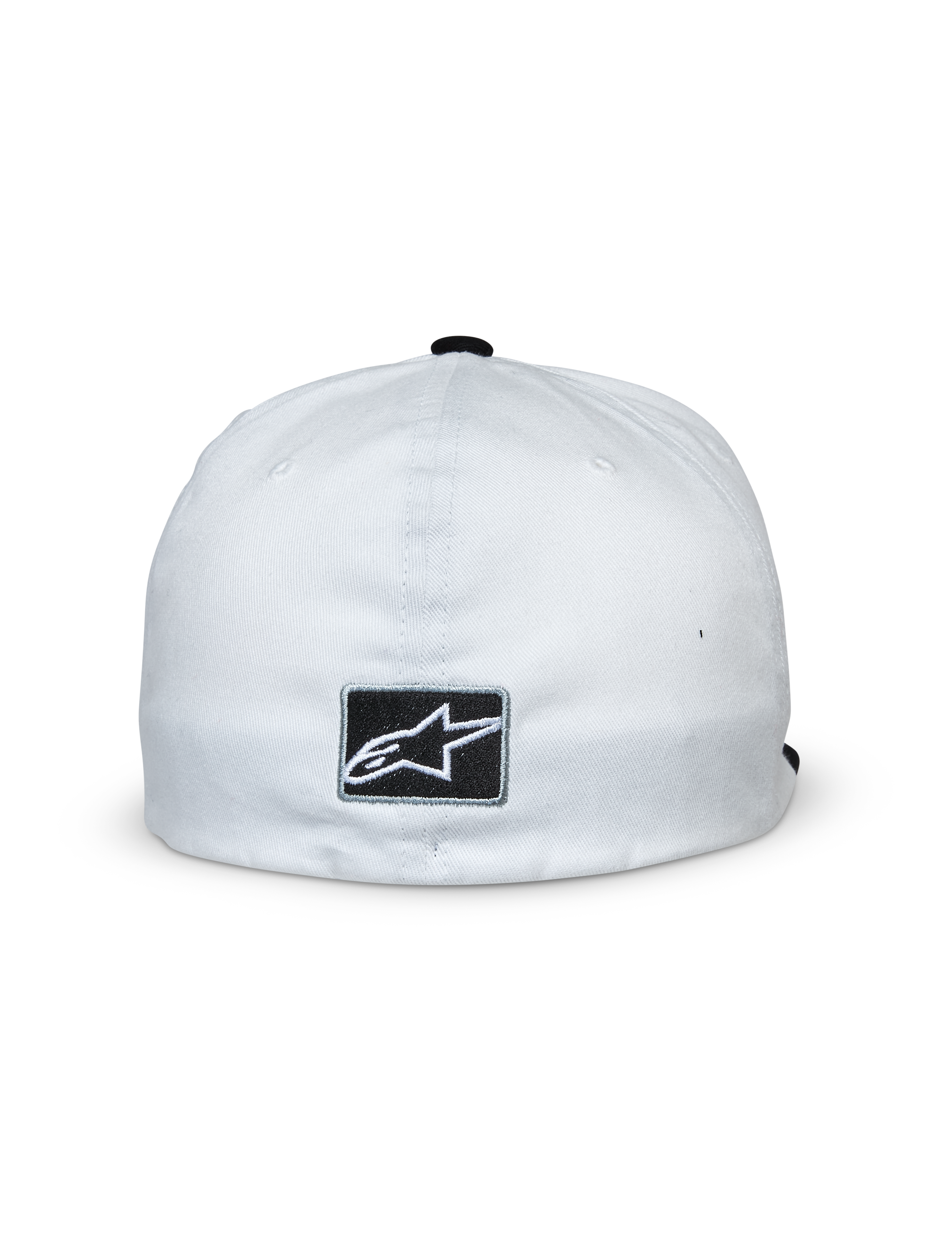 Alpinestars Franchise keps, vit och svart, vy bakifrån med ett svart rektangulärt märke med vit Alpinestars stjärnlogotyp, flex-back-design, avslappnad motorsport-inspirerad huvudbonad