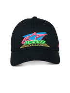 Alpinestars Vivid keps, svart baseballkeps med böjd skärm, livfull 3D-broderad logotyp med detaljer i rosa, blått och grönt, halvstrukturerad låg krona, casual motorsport-streetwear