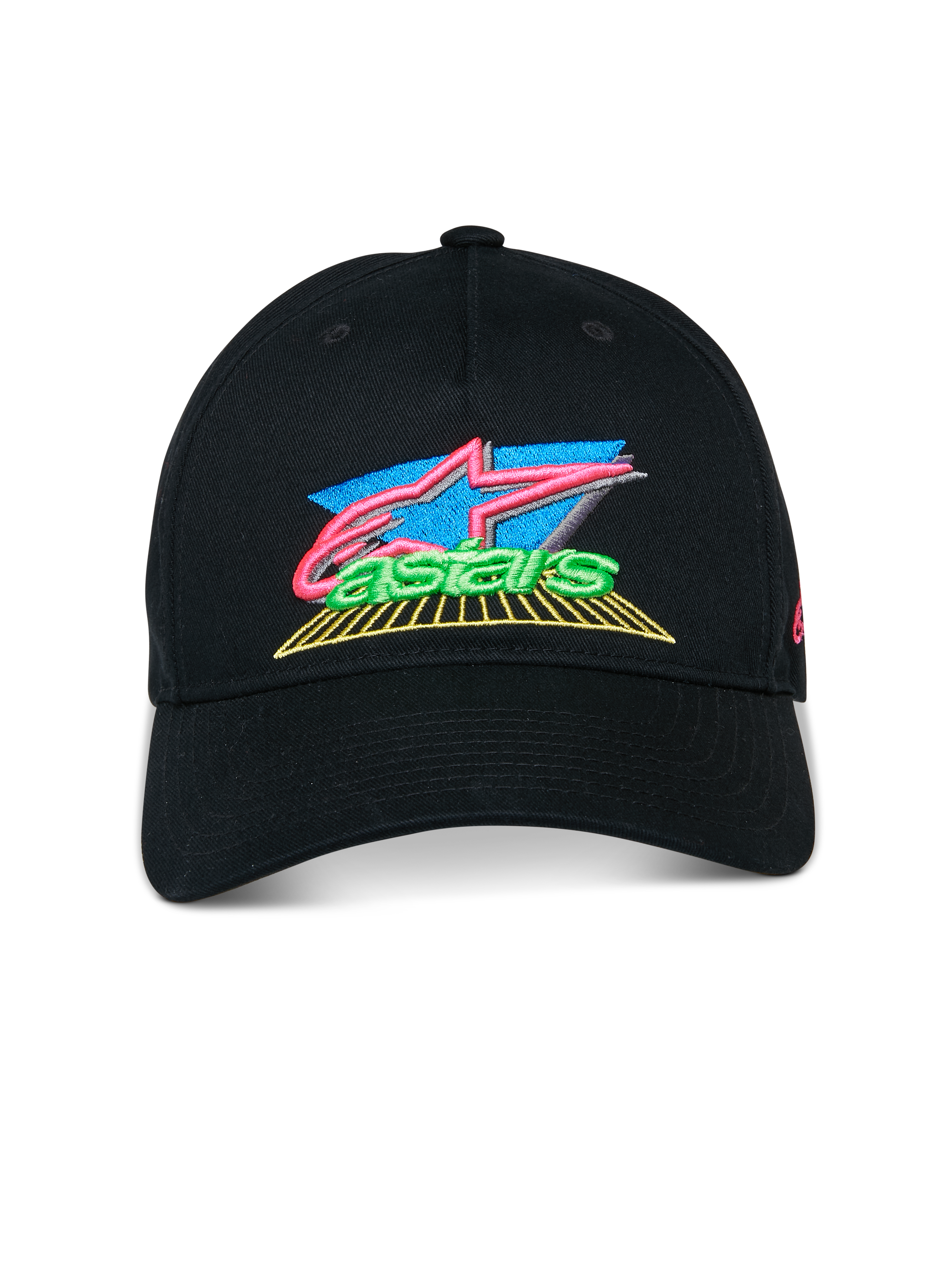 Alpinestars Vivid keps, svart baseballkeps med böjd skärm, livfull 3D-broderad logotyp med detaljer i rosa, blått och grönt, halvstrukturerad låg krona, casual motorsport-streetwear