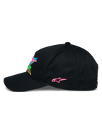 Alpinestars Vivid Keps, svart snapback-keps, sidoprofil med rosa broderad stjärnlogotyp och färgglad 3D-logotyp framtill, böjd skärm, vardaglig motorsportinspirerad streetwear