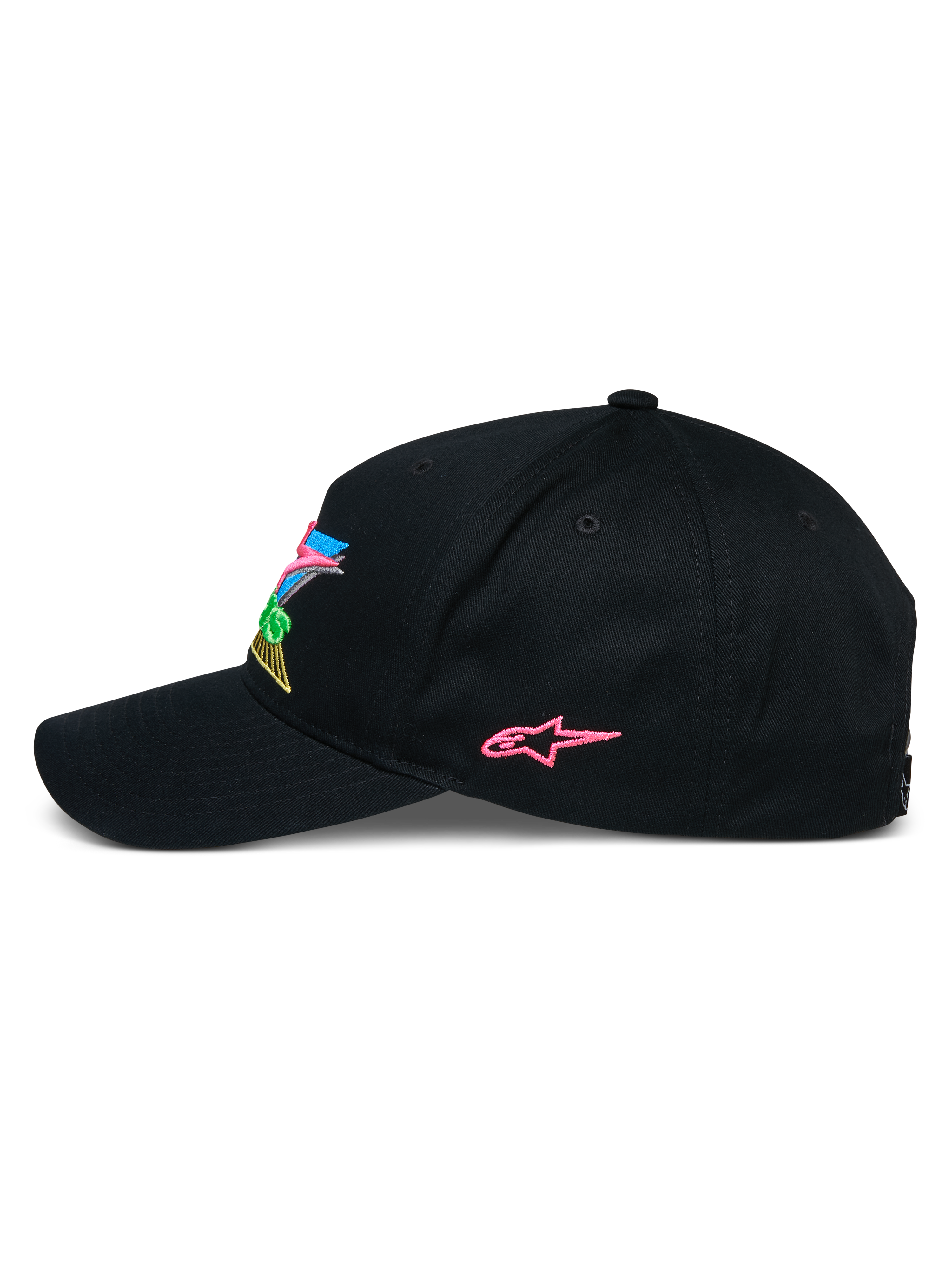Alpinestars Vivid Keps, svart snapback-keps, sidoprofil med rosa broderad stjärnlogotyp och färgglad 3D-logotyp framtill, böjd skärm, vardaglig motorsportinspirerad streetwear