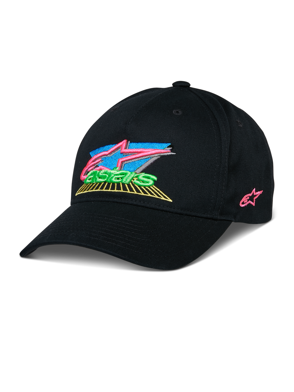 Alpinestars Vivid Hat, svart baseballkeps med färgglad 3D-broderad logotyp, livfulla detaljer i rosa, blått, grönt och gult, strukturerad böjd skärm, avslappnad motorsport-inspirerad streetwear