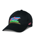 Alpinestars Vivid Hat, svart baseballkeps med färgglad 3D-broderad logotyp, livfulla detaljer i rosa, blått, grönt och gult, strukturerad böjd skärm, avslappnad motorsport-inspirerad streetwear