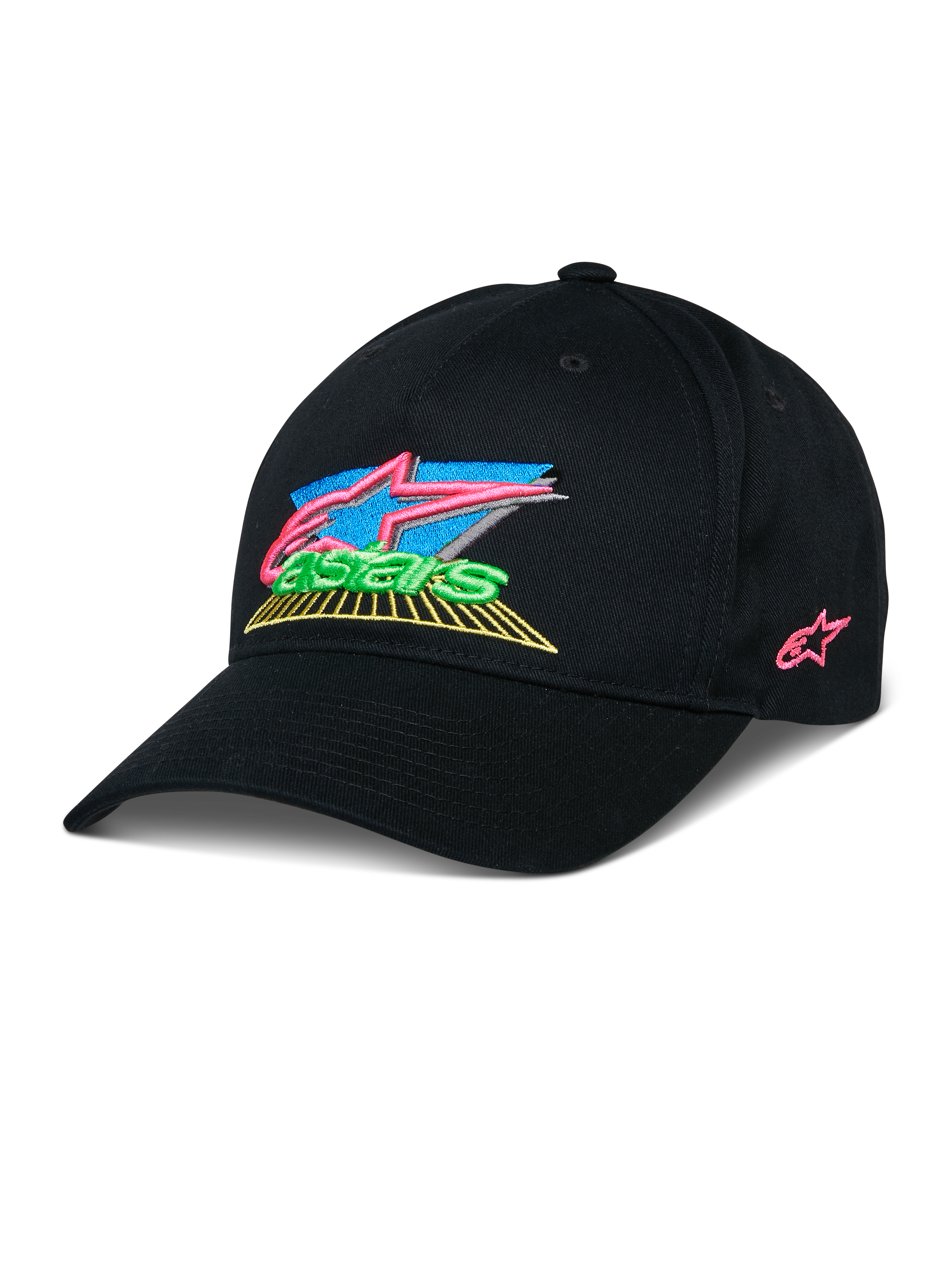 Alpinestars Vivid Hat, svart baseballkeps med färgglad 3D-broderad logotyp, livfulla detaljer i rosa, blått, grönt och gult, strukturerad böjd skärm, avslappnad motorsport-inspirerad streetwear