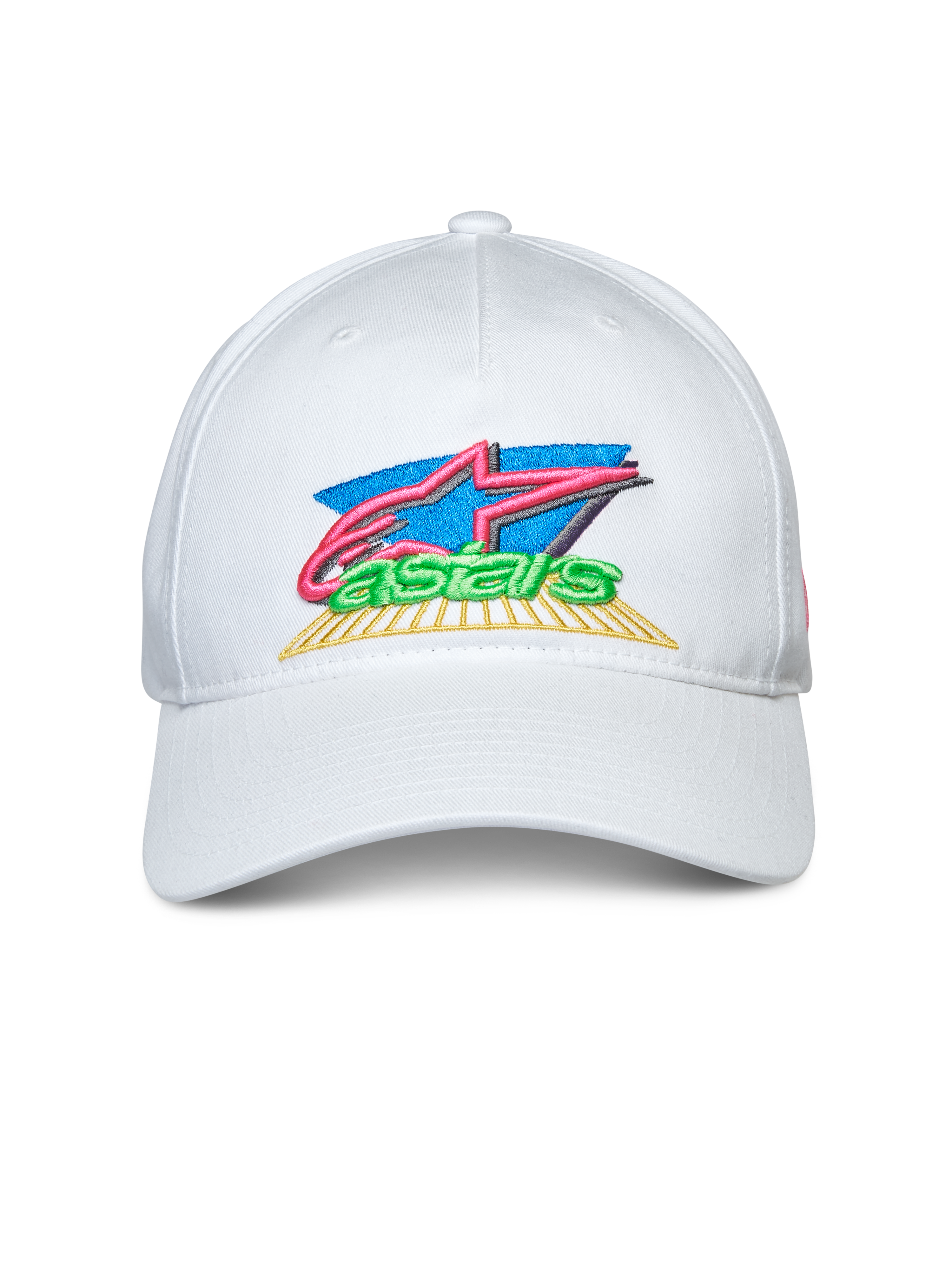 Alpinestars Vivid keps, vit snapback-keps med böjd skärm, färgglad 3D- och platt broderad logotyp framtill, avslappnade sportkläder
