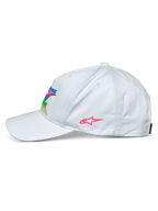 Alpinestars Vivid Keps, vit, profilvy av en baseballkeps med böjd skärm och halvstrukturerad låg krona, färgglatt 3D-broderi framtill och en rosa stjärnlogotyp på sidan, vardaglig huvudbonad för sport och fritid