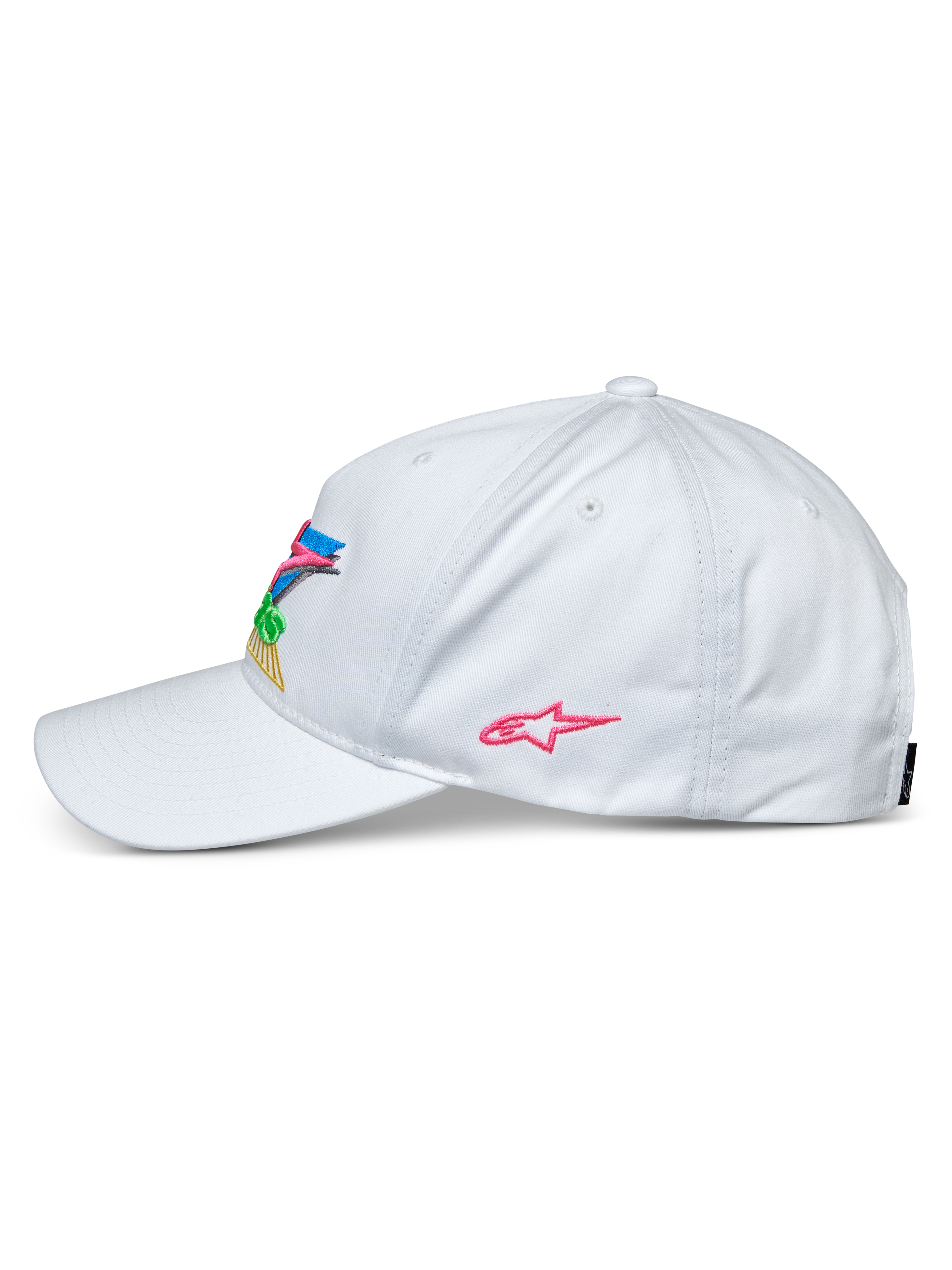 Alpinestars Vivid Keps, vit, profilvy av en baseballkeps med böjd skärm och halvstrukturerad låg krona, färgglatt 3D-broderi framtill och en rosa stjärnlogotyp på sidan, vardaglig huvudbonad för sport och fritid
