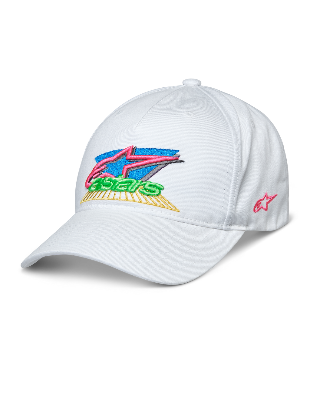 Alpinestars Vivid Hat, vit baseballkeps med färgglad 3D-broderad Astars-logotyp i rosa, blått, grönt och gult, böjd skärm, halvstrukturerad låg krona, casual sportswear