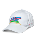 Alpinestars Vivid Hat, vit baseballkeps med färgglad 3D-broderad Astars-logotyp i rosa, blått, grönt och gult, böjd skärm, halvstrukturerad låg krona, casual sportswear