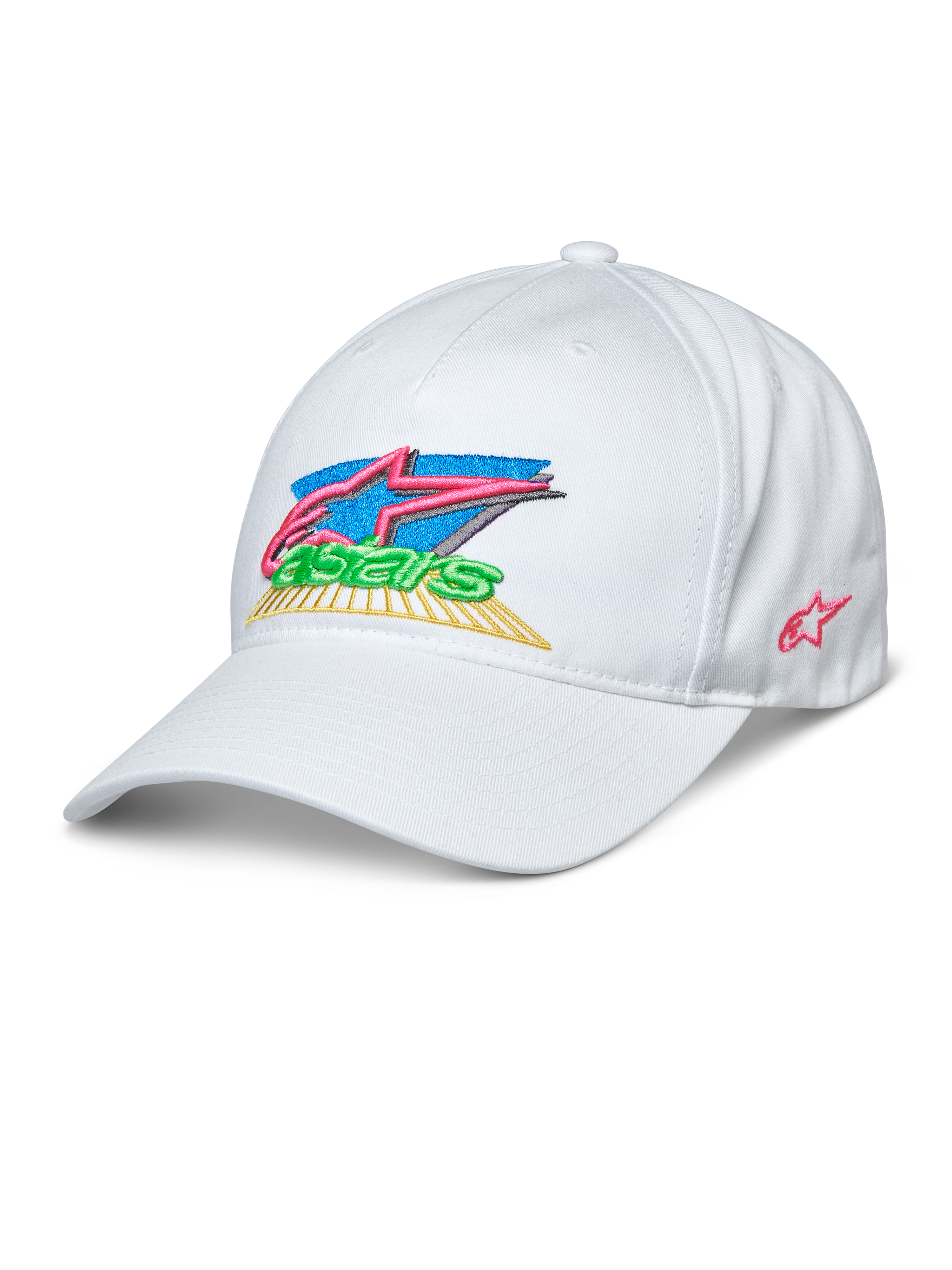 Alpinestars Vivid Hat, vit baseballkeps med färgglad 3D-broderad Astars-logotyp i rosa, blått, grönt och gult, böjd skärm, halvstrukturerad låg krona, casual sportswear