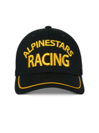 Alpinestars Luminary Hat, Black Snapback Cap, Front 3D Yellow Alpinestars Racing Embroidery, Curved Bill with Yellow Sutache Trim, Casual Motorsport Headwear