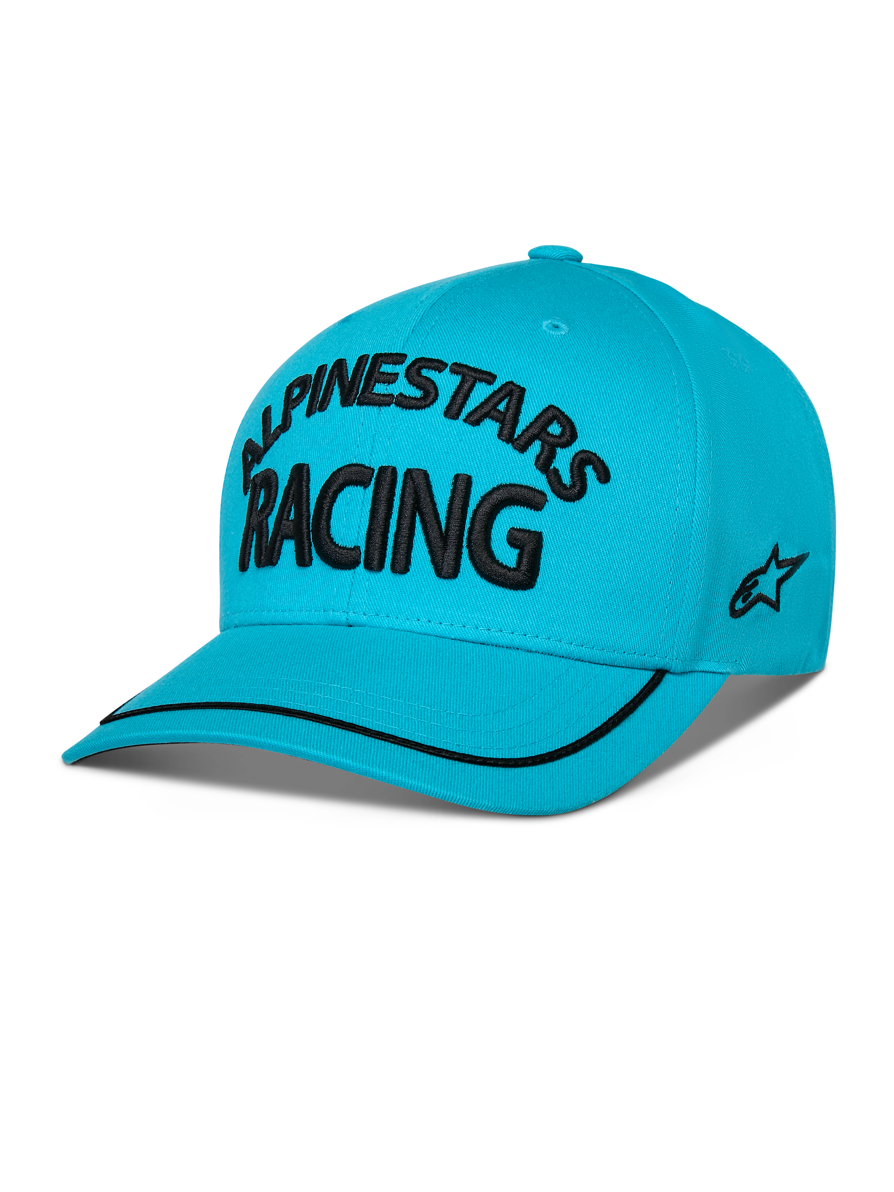 Alpinestars Luminary keps, snapback med böjd skärm, Aqua Blue, med svart 3D-broderad 'ALPINESTARS RACING'-text, platt broderad sidologotyp och svart soutache-kant på skärmen, vardaglig motorsportinspirerad huvudbonad.