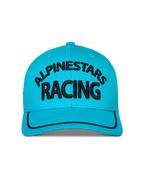 Alpinestars Luminary keps, Aqua Blue, vy framifrån av snapback-keps med böjd skärm, svart 3D-broderad Alpinestars Racing-logotyp, svart soutache-kant på skärmen, strukturerad krona, vardaglig sportstil