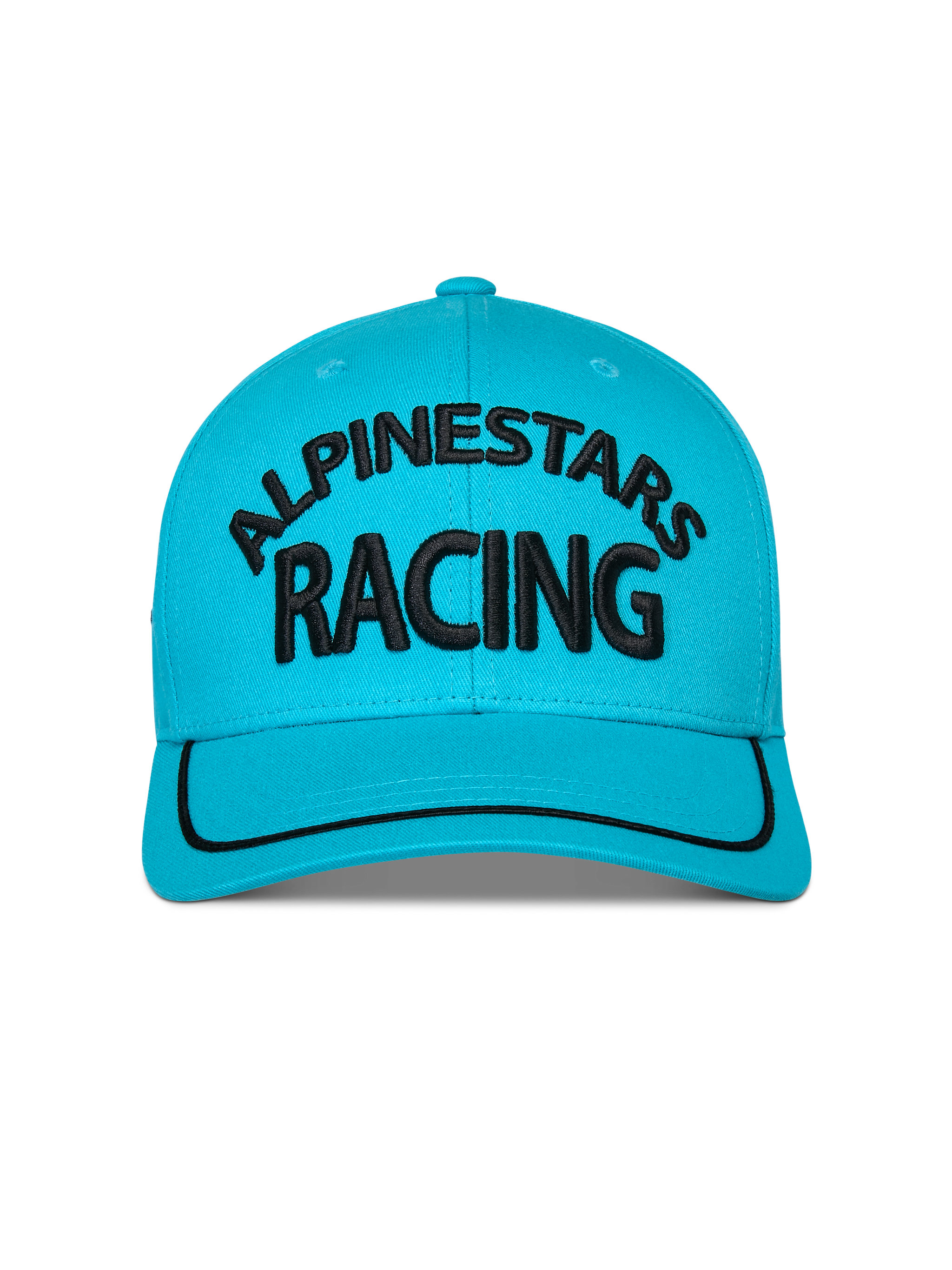 Alpinestars Luminary keps, Aqua Blue, vy framifrån av snapback-keps med böjd skärm, svart 3D-broderad Alpinestars Racing-logotyp, svart soutache-kant på skärmen, strukturerad krona, vardaglig sportstil