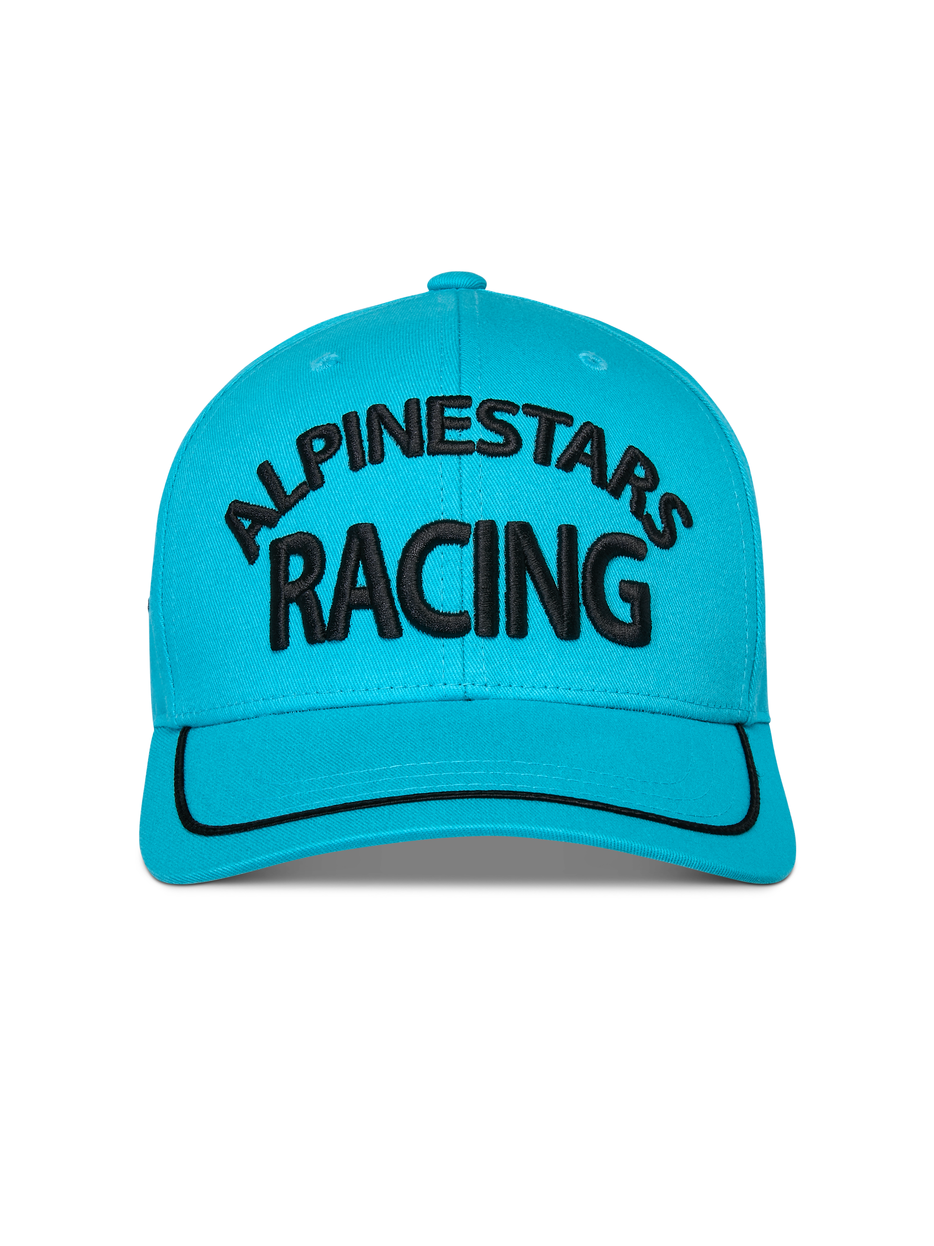 Alpinestars Luminary keps, Aqua Blue, vy framifrån av snapback-keps med böjd skärm, svart 3D-broderad Alpinestars Racing-logotyp, svart soutache-kant på skärmen, strukturerad krona, vardaglig sportstil