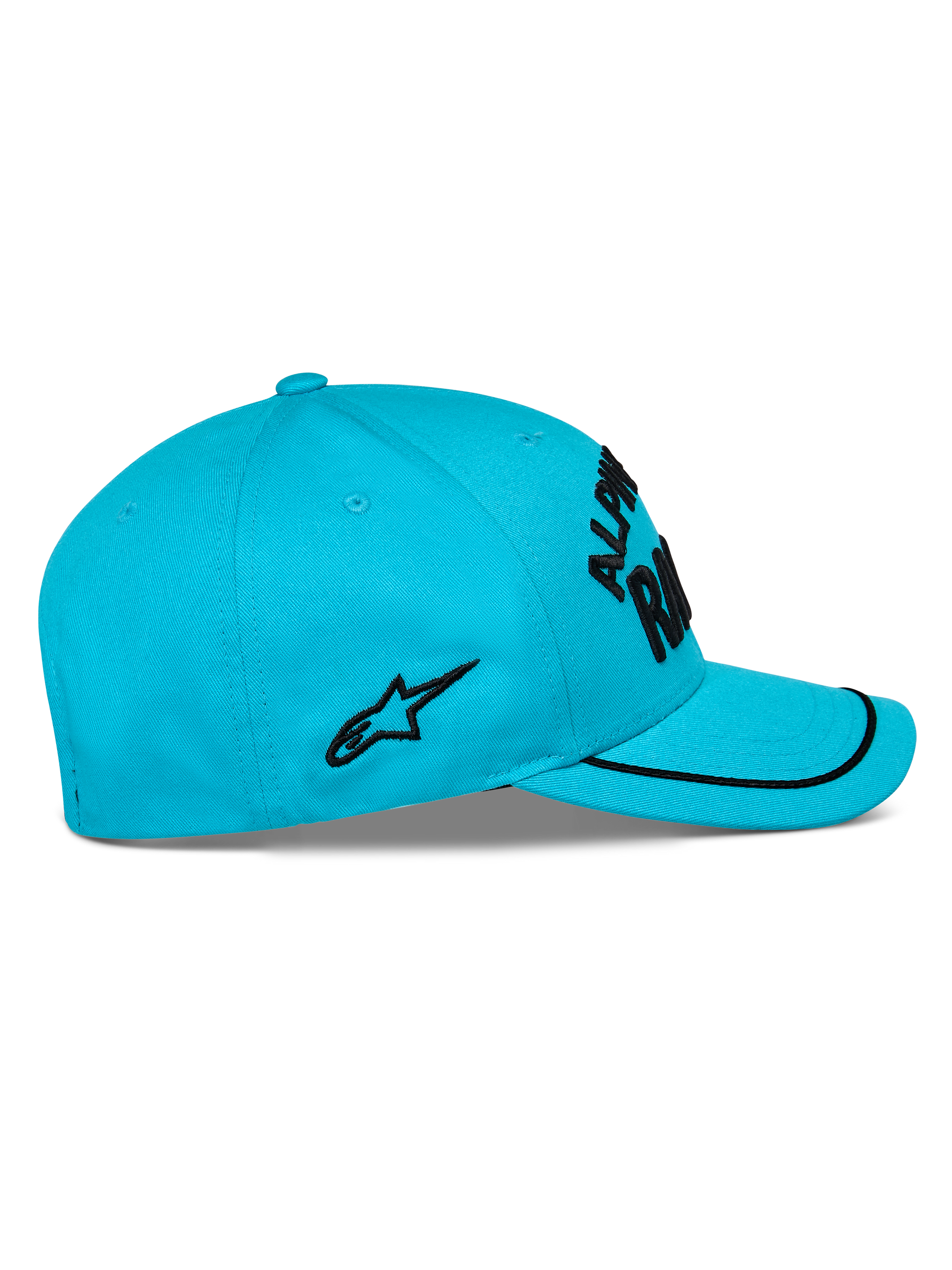 Alpinestars Luminary Hat, Aqua Blue, sidovy, böjd skärm med svart soutache-kant, svart platt broderad logotyp på sidan, strukturerad krona, vardaglig motorsport-huvudbonad