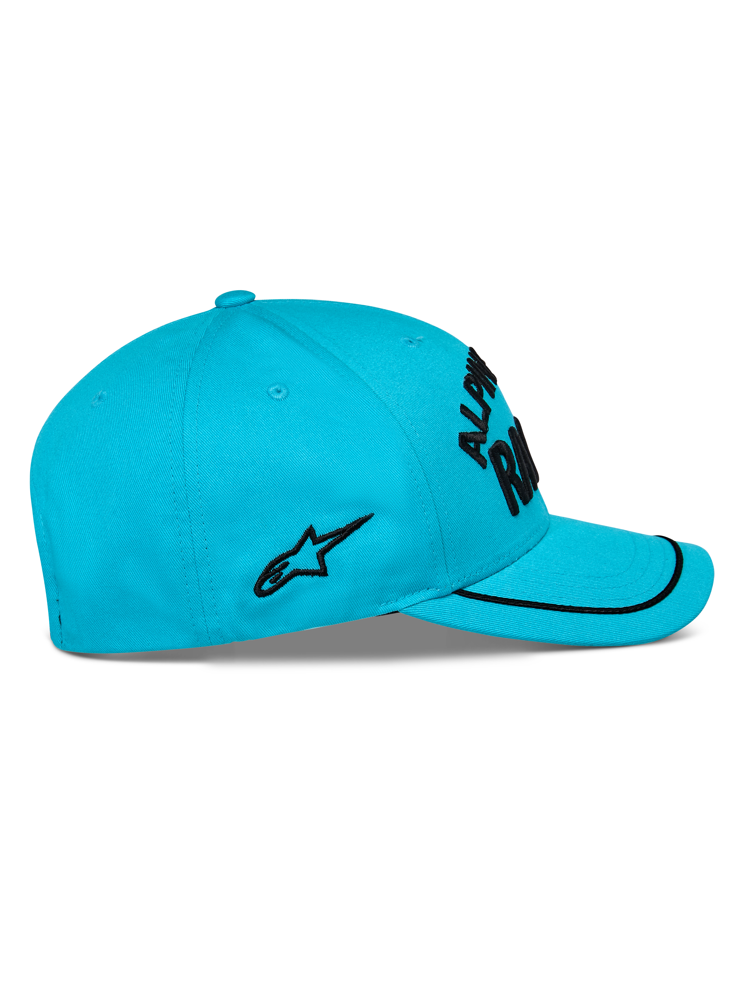 Alpinestars Luminary Hat, Aqua Blue, sidovy, böjd skärm med svart soutache-kant, svart platt broderad logotyp på sidan, strukturerad krona, vardaglig motorsport-huvudbonad