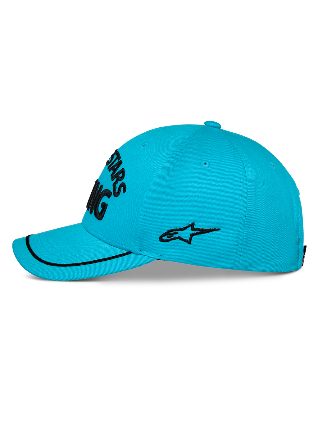 Alpinestars Luminary keps, aqua-blå baseballkeps, profilvy, böjd skärm med svart soutache-kant, svart broderad sidologotyp, strukturerad krona, casual sportswear