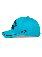 Alpinestars Luminary keps, aqua-blå baseballkeps, profilvy, böjd skärm med svart soutache-kant, svart broderad sidologotyp, strukturerad krona, casual sportswear