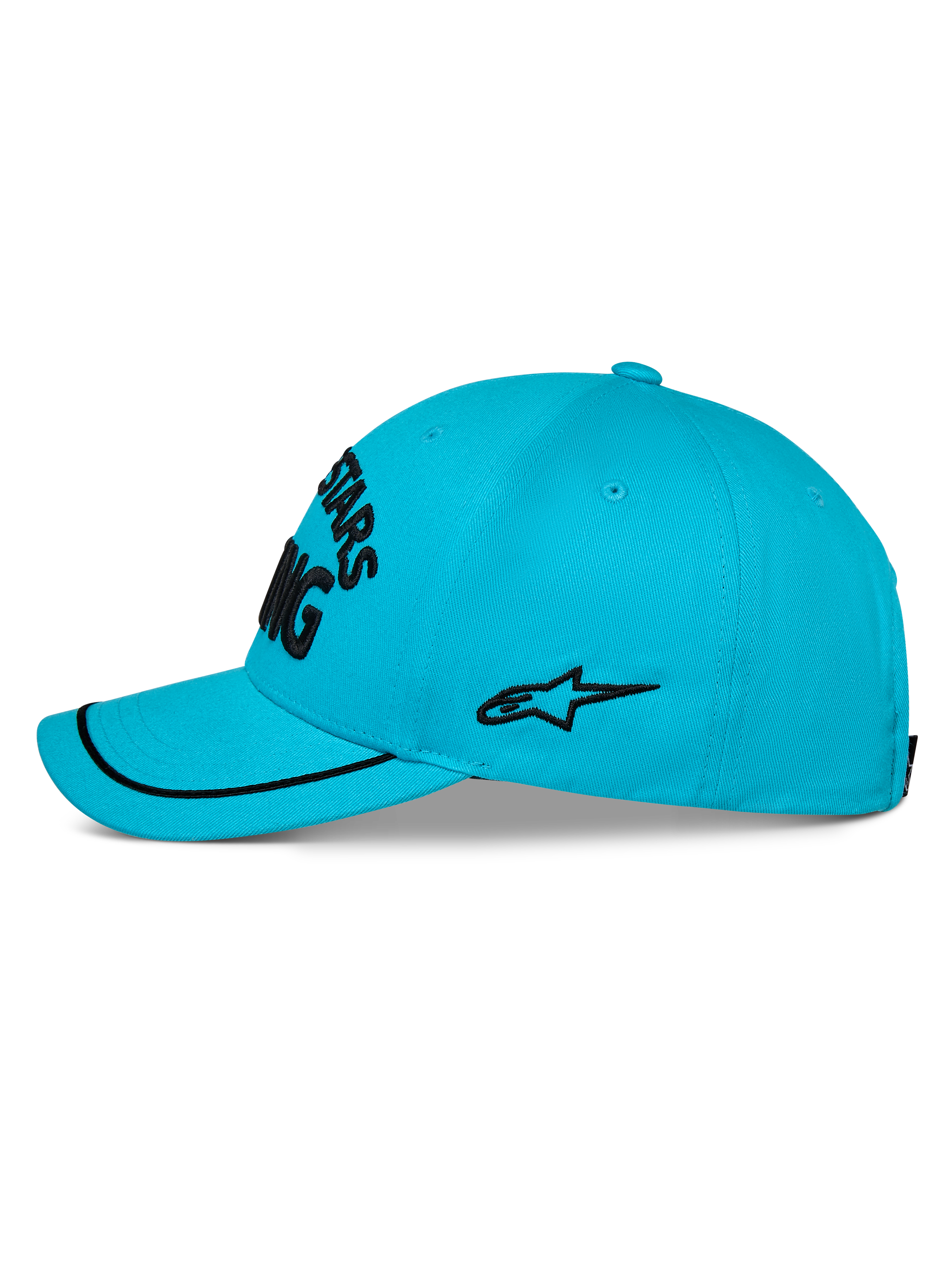 Alpinestars Luminary keps, aqua-blå baseballkeps, profilvy, böjd skärm med svart soutache-kant, svart broderad sidologotyp, strukturerad krona, casual sportswear