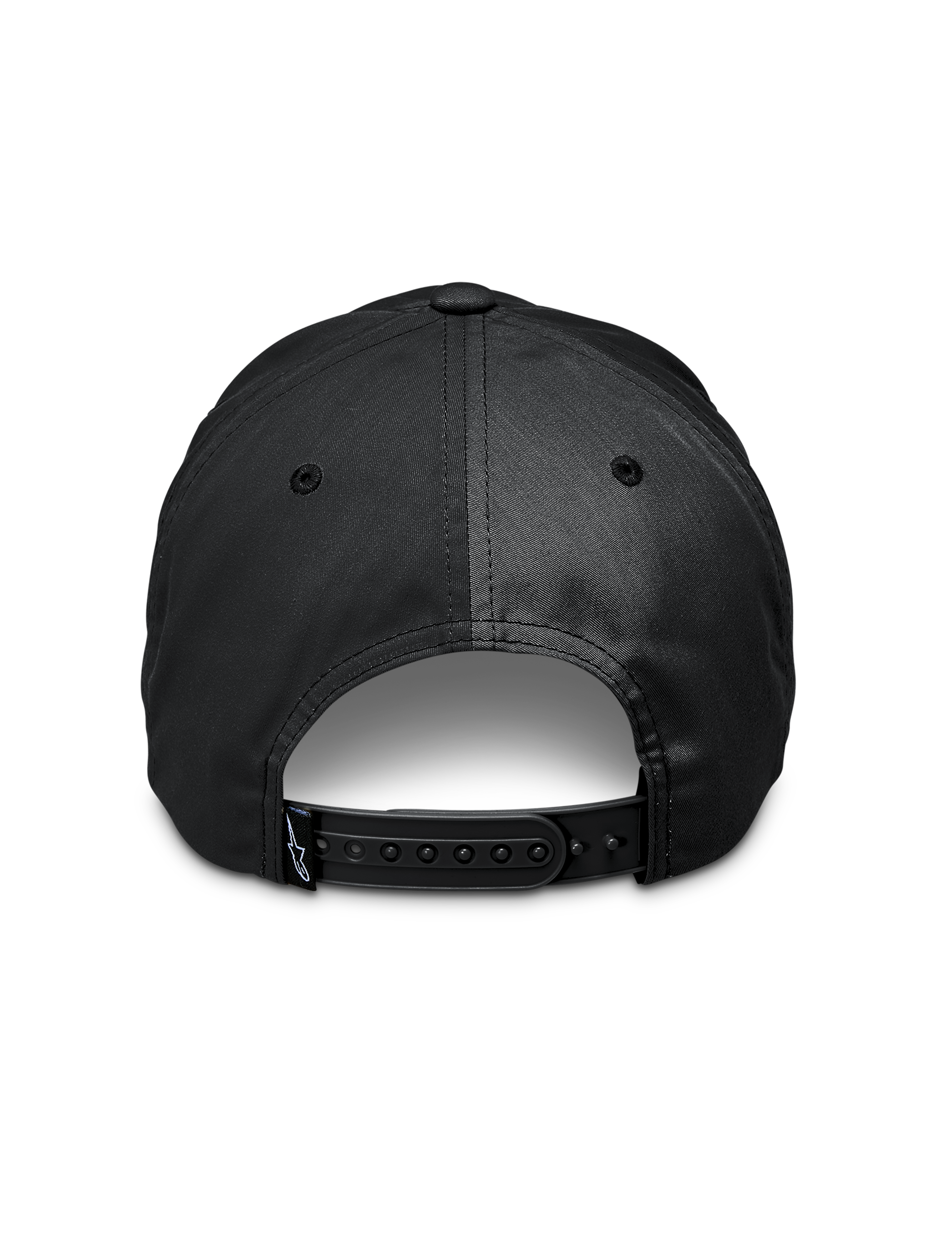 Alpinestars Tyler Hat, Black, back view showing adjustable snapback closure, small logo tag on strap, recycled polyester twill, casual sportswear accessory
