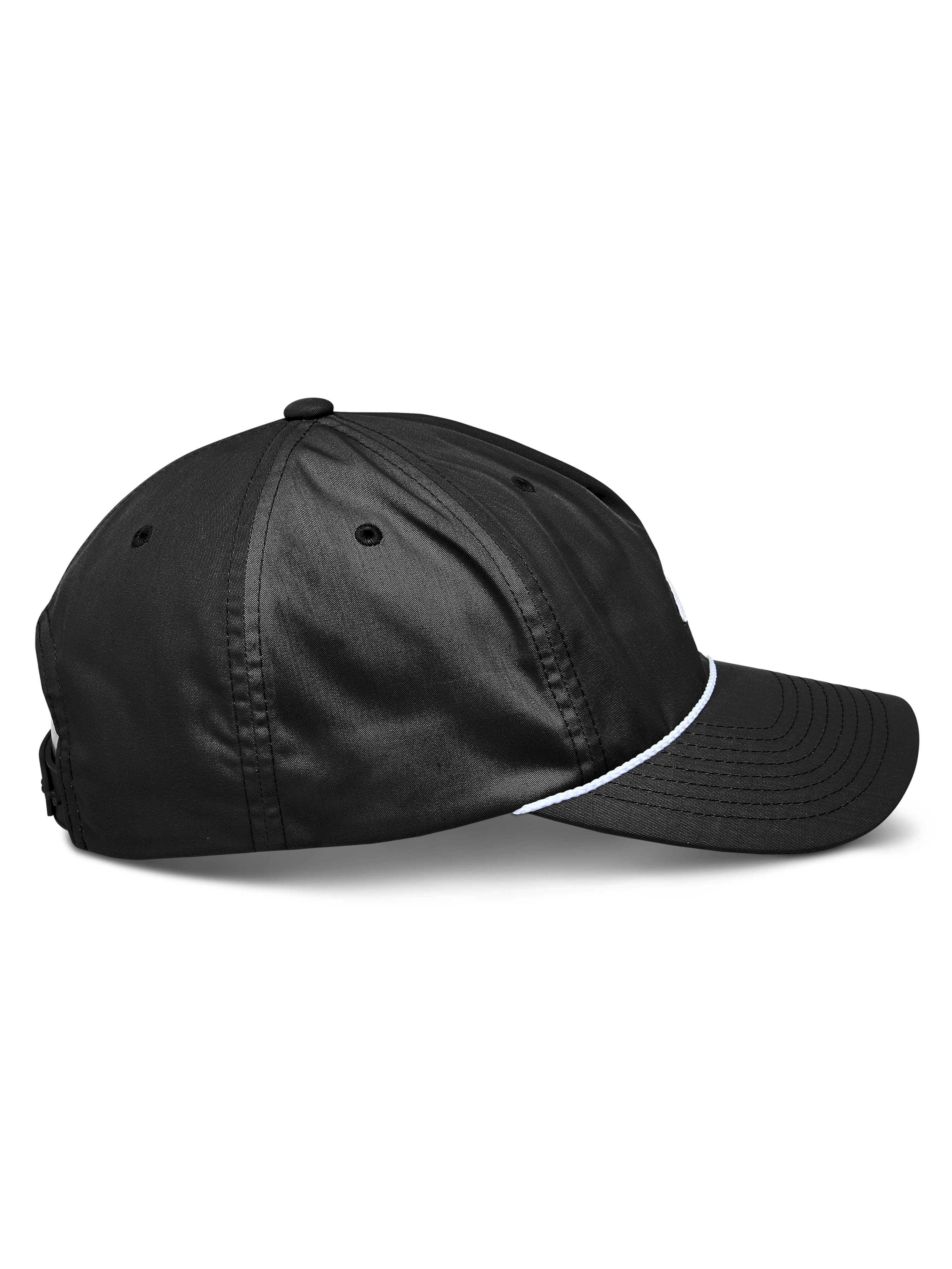 Alpinestars Tyler Hat, Black snapback hat shown from the side, curved bill, white braided rope trim, unstructured low crown, recycled polyester twill, casual sportswear