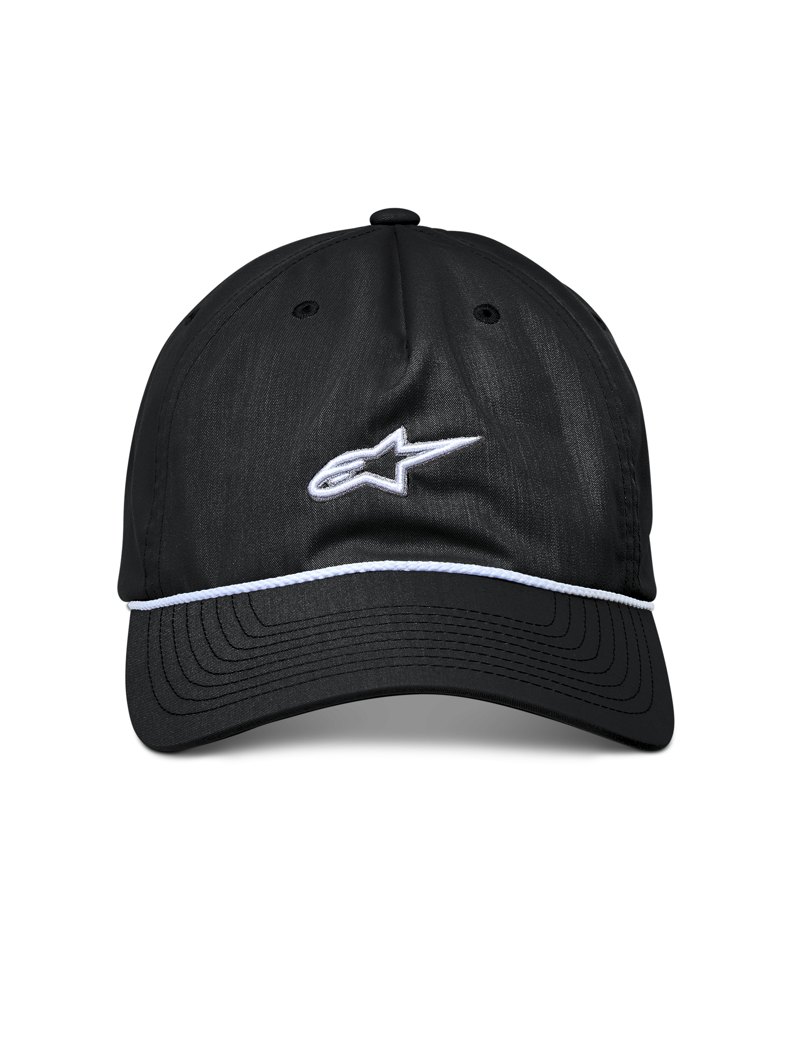 Alpinestars Tyler Hat, Black Snapback Hat, Curved Bill with White Braided Rope Trim, White Embroidered Astars Logo, Casual Sportswear