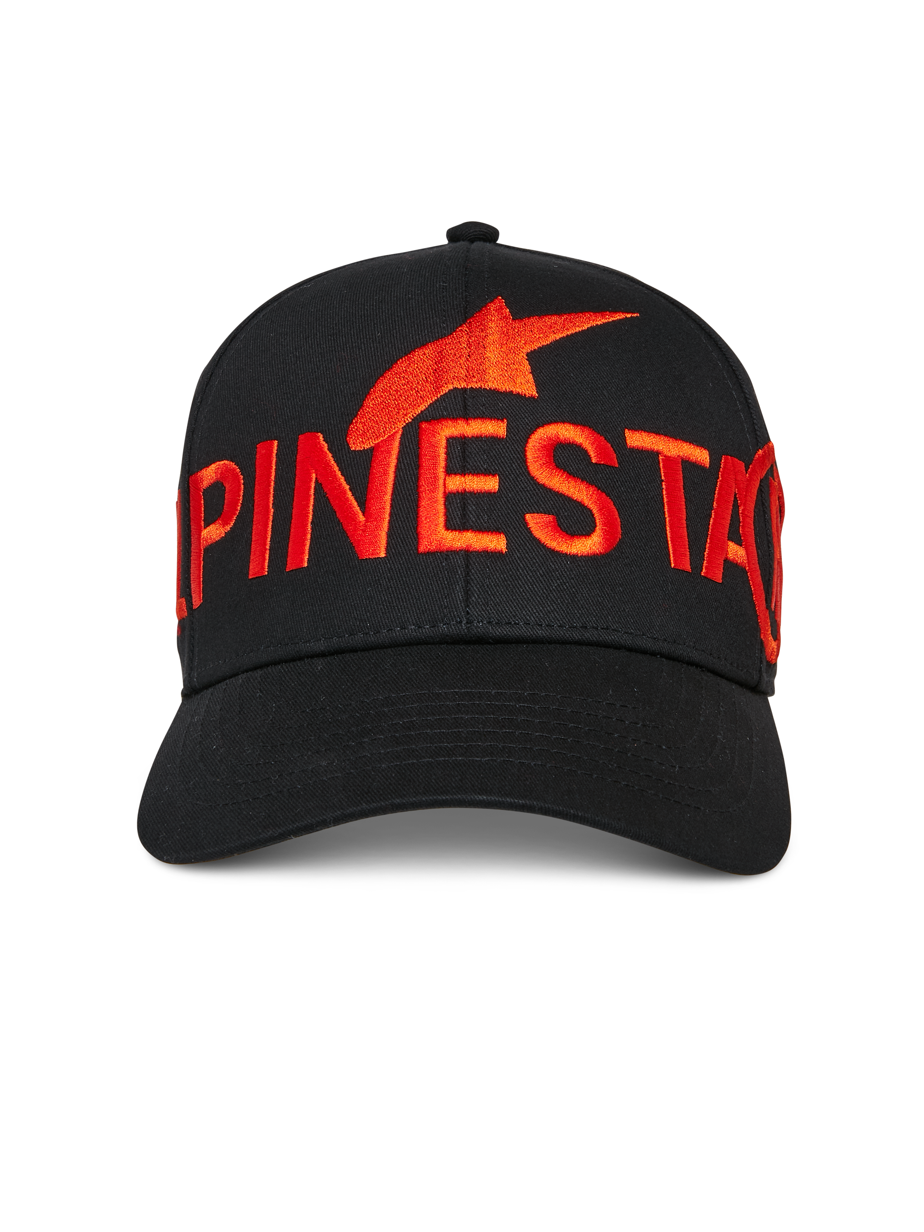 Alpinestars Committed Hat, Black snapback baseball cap, large red embroidered Alpinestars logo and text on front, curved bill, structured crown, casual motorsport streetwear