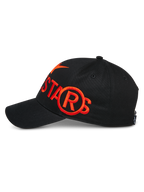 Alpinestars Committed Hat, Black, Snapback Baseball Cap, Side view featuring large orange flat embroidery logo, structured crown with curved bill, casual motorsport lifestyle headwear
